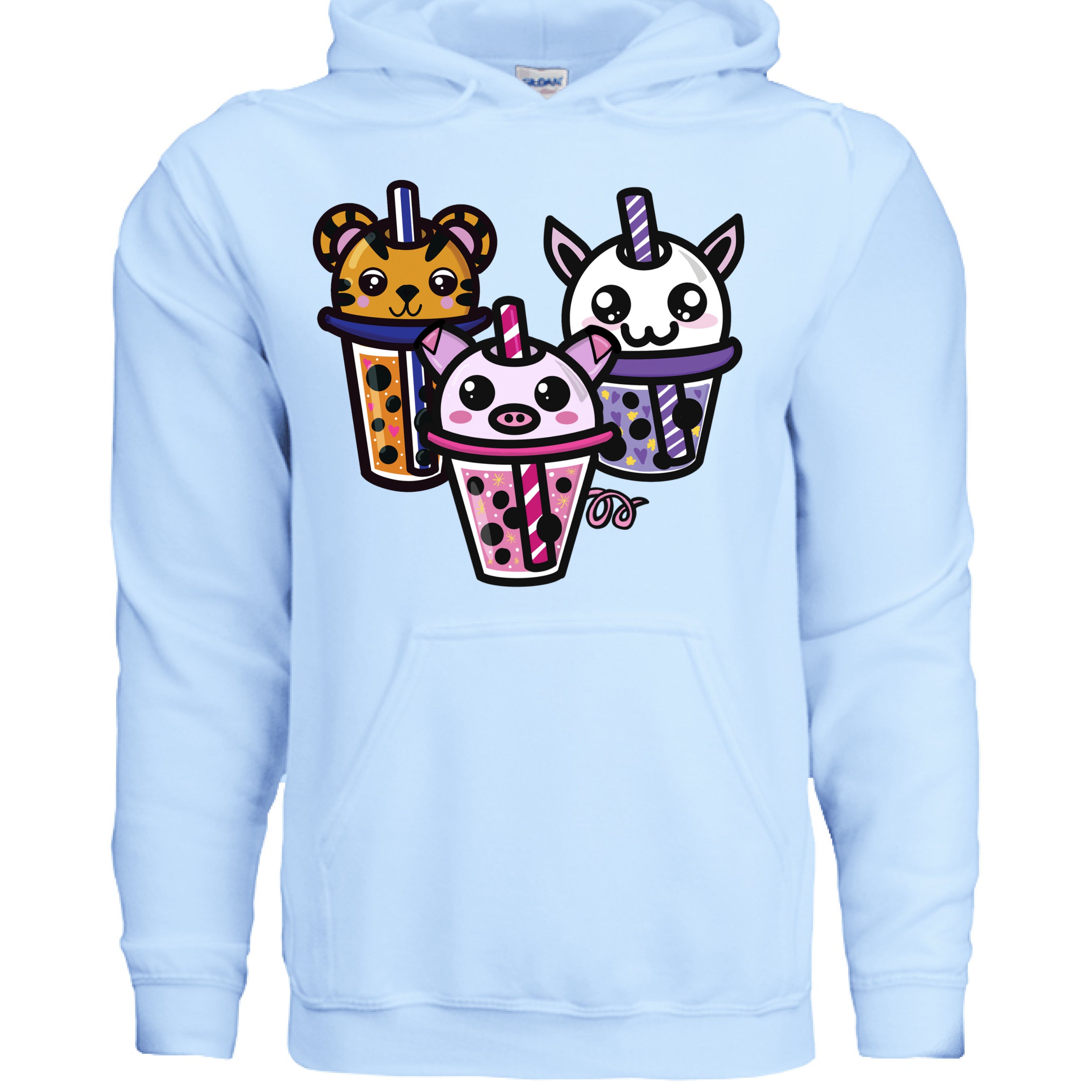 This is the Light Blue Boba Friends Hoodie by Dazzle & Daggers Design.This is the front,three kawaii designs.The Piggy Boba is pink all over and the glass has pink liquid, boba, yellow sparkles,white dots and peppermint swirl like.Thai Tea Tiger is orange,orange liquid,black boba,white dots,red hearts,blue and white striped straw.The Cryptid Boba is white, urple and white swirl straw,purple liquid,black boba,yellow stars and purple hearts.The hood with drawstrings and large pocket below the design.