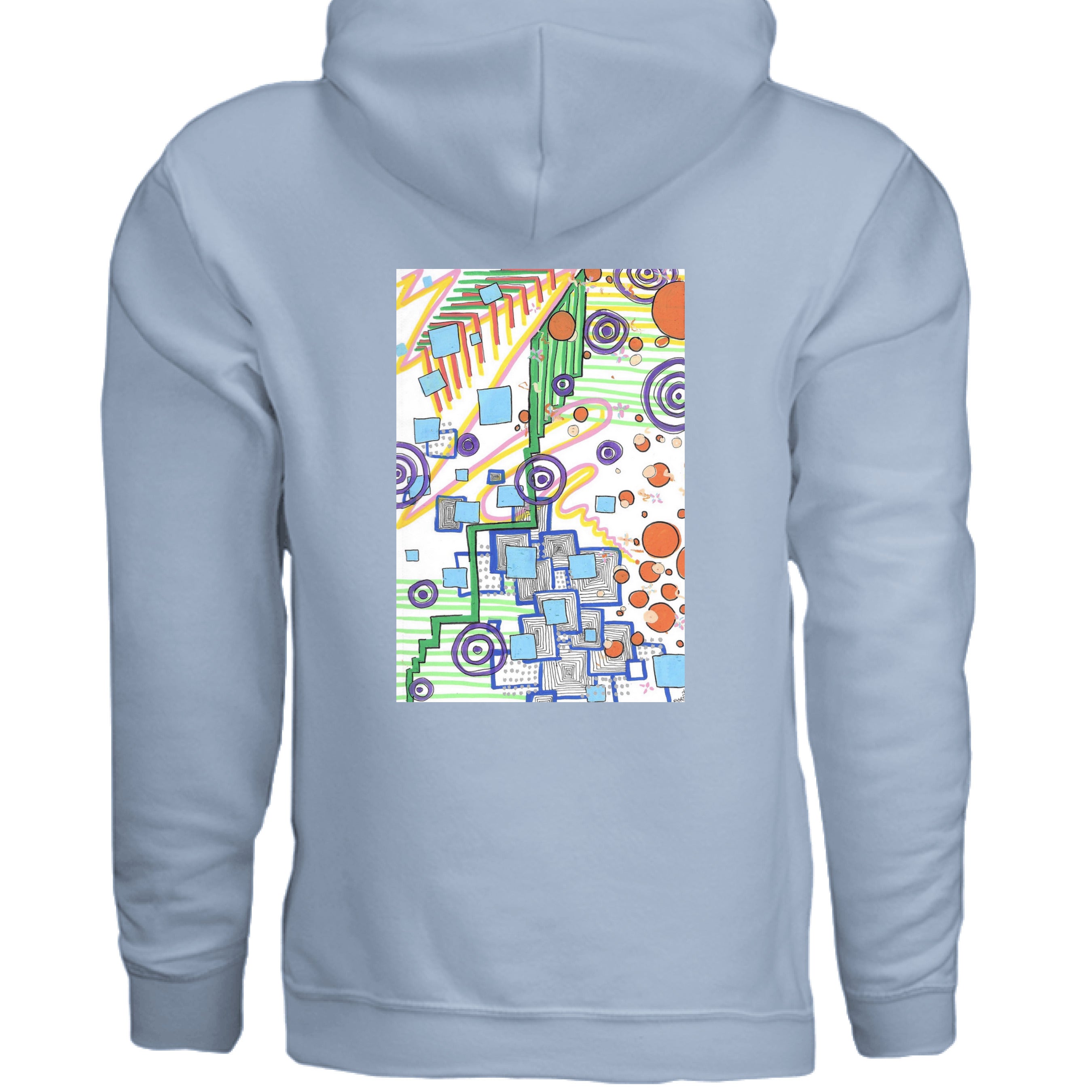 This is the Light Blue City of Oz Hoodie by Storm Garden Studio. This image is showcasing the back of the hoodie. The illustration is rectangular and geometric. It has a mix of circles, lines, waves, dots, thorughout the design. It is a mix of colors that are light blue, orange, green, orange, yellow and purple. The background is white for the illustration. The illustration is right below the hood. It is against a white background. 