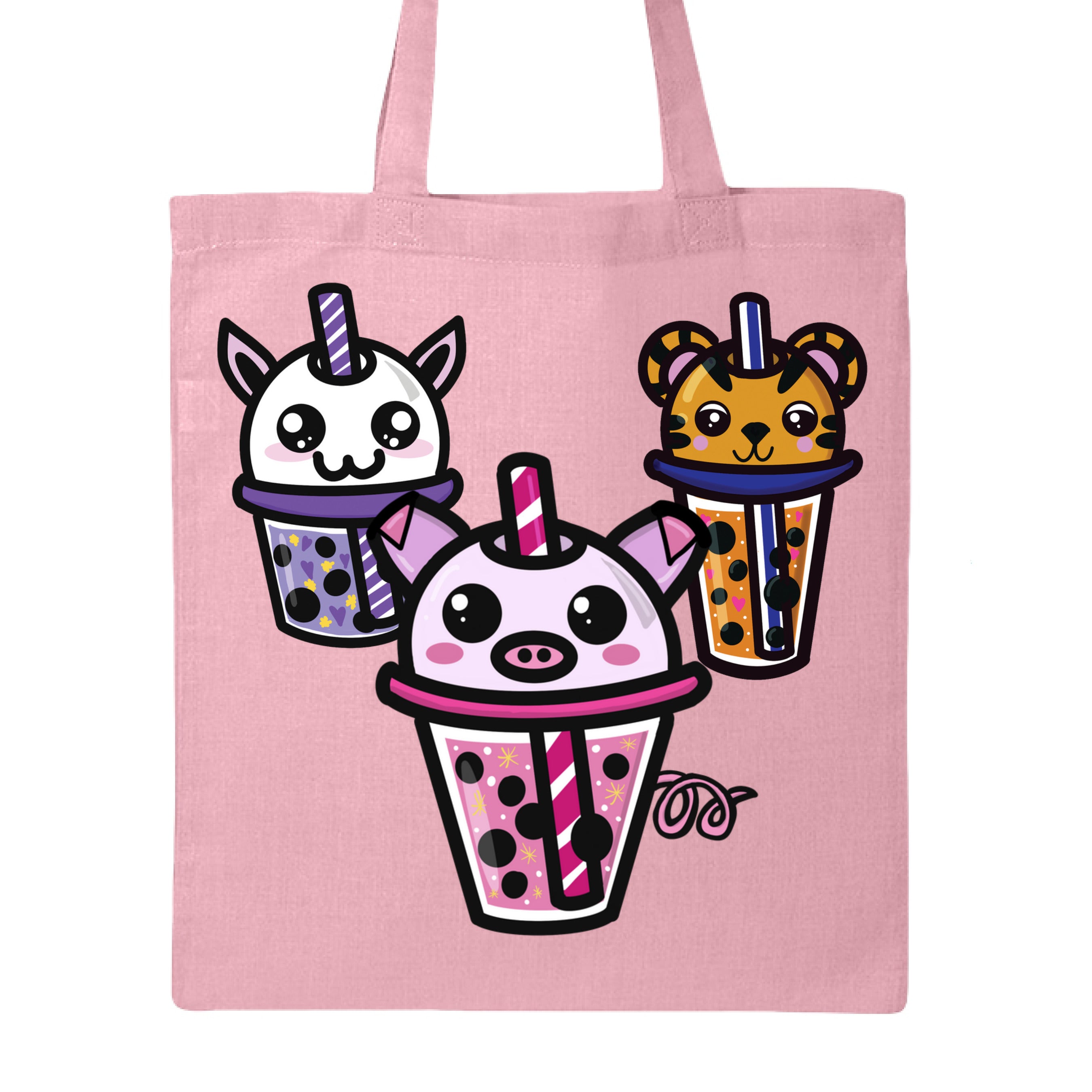 This is the Light Pink Boba Friends Canvas Tote by Dazzle & Daggers Design. This is showcasing the front that features three kawaii designs.The Piggy Boba is pink all over and the glass has pink liquid, boba, yellow sparkles,white dots and peppermint swirl like. Thai Tea Tiger is orange, orange liquid, black boba, white dots, red hearts, blue and white striped straw. The Cryptid Boba is white, purple and white swirl straw, purple liquid, black boba, yellow stars and purple hearts.