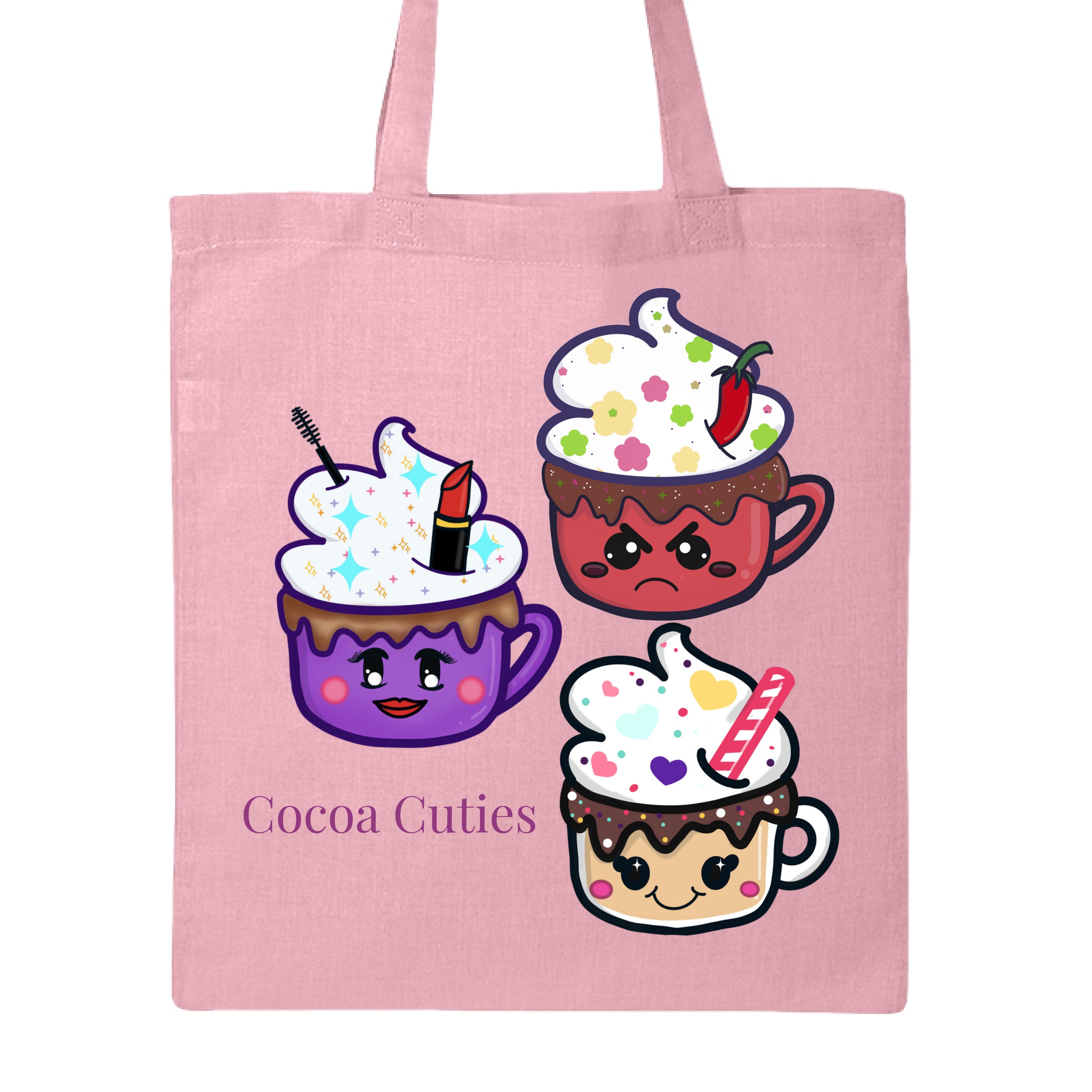 Light Pink Cocoa Cuties Canvas Tote by Dazzle & Daggers Design illustrations on front.Purple cup,smiling face,red lips,round pink cheeks,large eyes w/mascara,w/sparkly toppings,whipped cream,red lipstick,mascara tip.Red cup,angry face,circular eyes,brown oval cheeks,mouth frowning,sparkly chocolate dripping on the cup topped w/flowery whipped cream and a chili.Tan glass cup,dots sprinkled chocolate,hearts whipped cream,red&white straw,cherryface w/pink cheeks,wing tipped eyes."Cocoa Cuties" in purple font. 