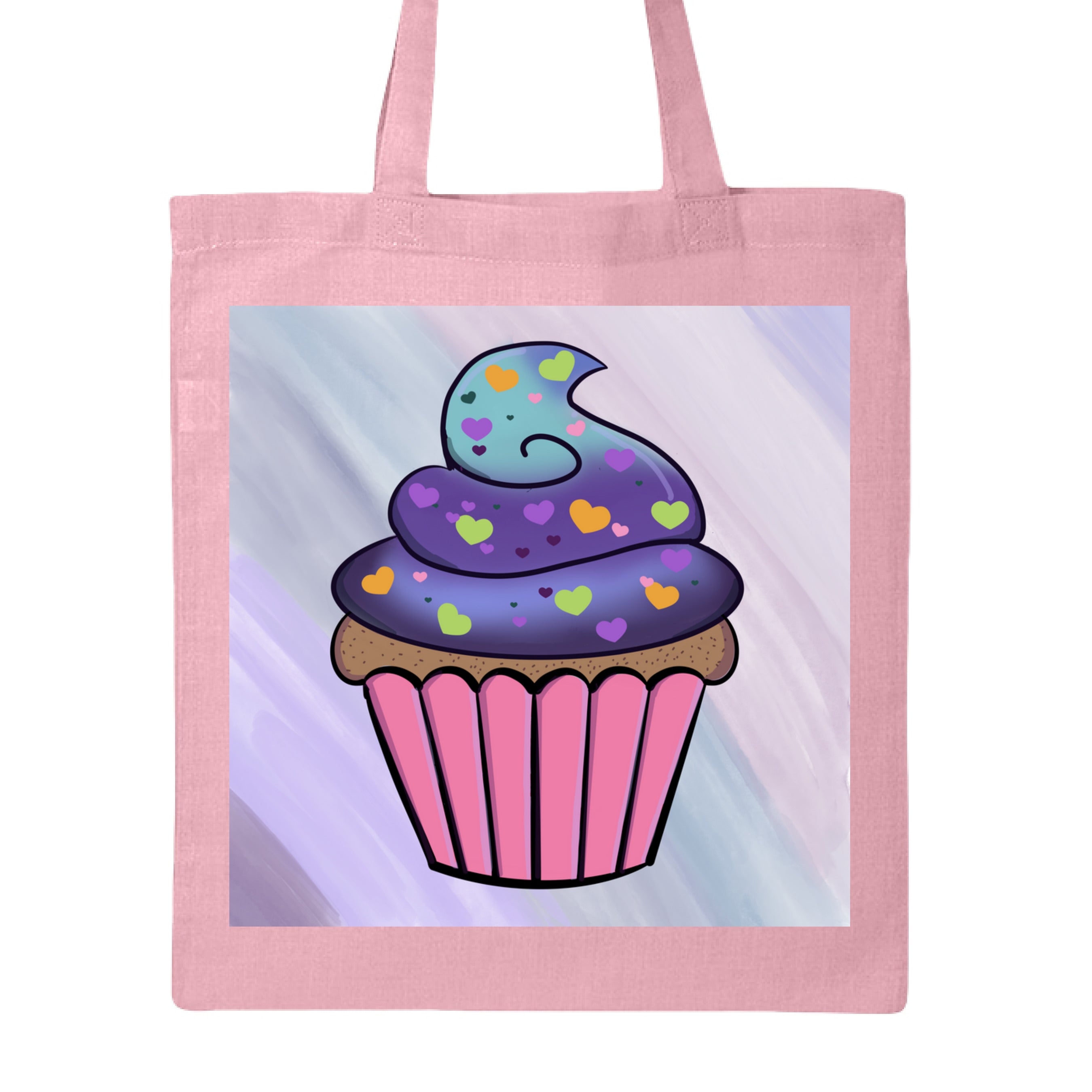 This is the Light Pink Cosmic Cupcake Canvas Tote by Dazzle & Daggers Design. This is showcasing the front of the tote. The illustration has a pastel purple, pink, and blue slanted brushstroke background. The cupcate is in the middle with a pink wrapper, brown/tan dotted cupcake with a gradient frosting. The frostin is blue and purple with green, orange, purple, dark purple hearts all over. It is against a white background. 