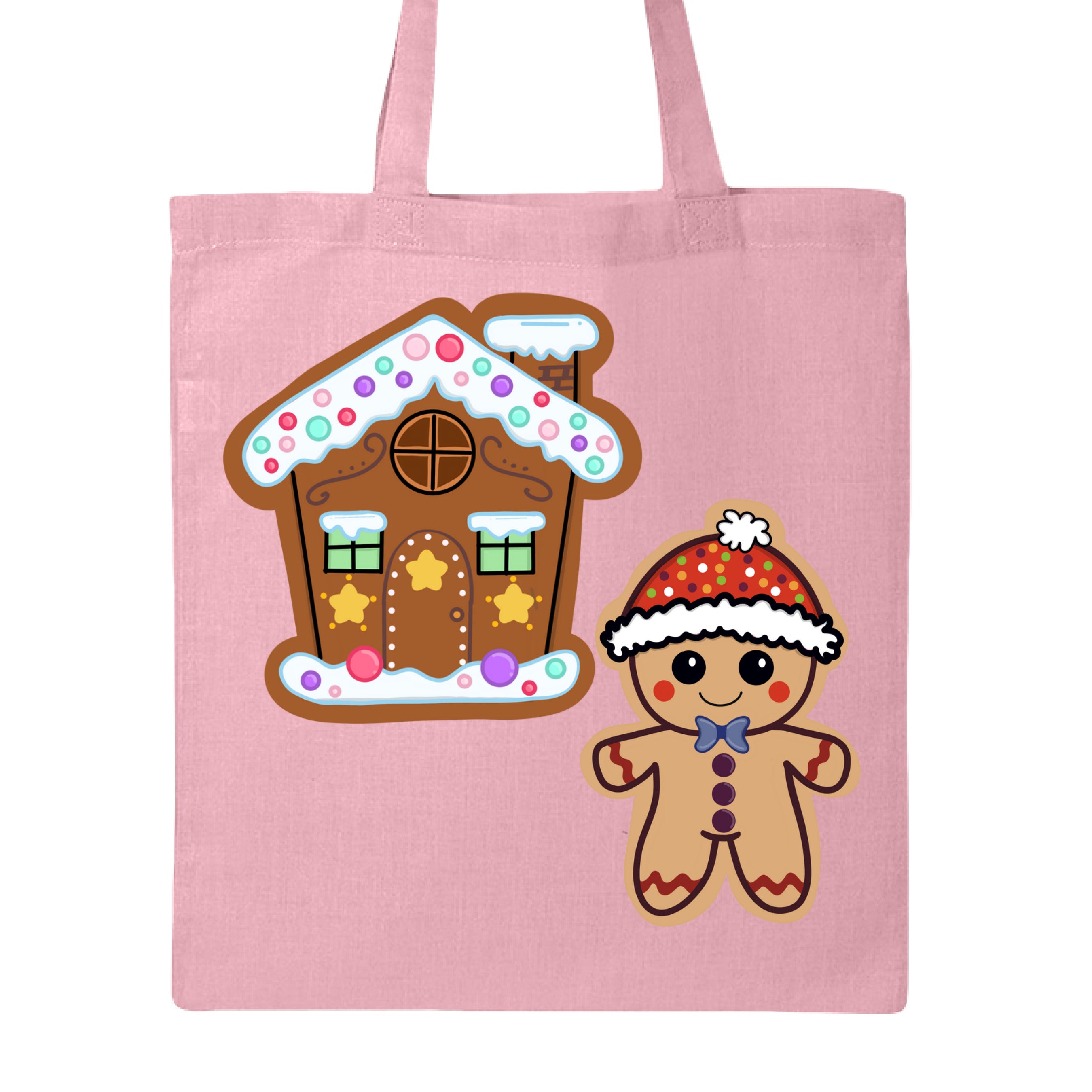 This is the Light Pink Ginger Home Canvas Tote by Dazzle & Daggers Design.Showcasing the front of the tote.One is a Alar cheeks,red zigzags on arm and legs.Gingerbread man is wearing a polka dotted hat w/a white puff and lining around the hat.The polka dots are green,blue,purple,white and orange.Gingerbread house is dark brown w/two green glass windows,yellow stars,intricate designed window,snow on the chimney,below the house/roof is spotted snow in red,green,yellow and orange. 