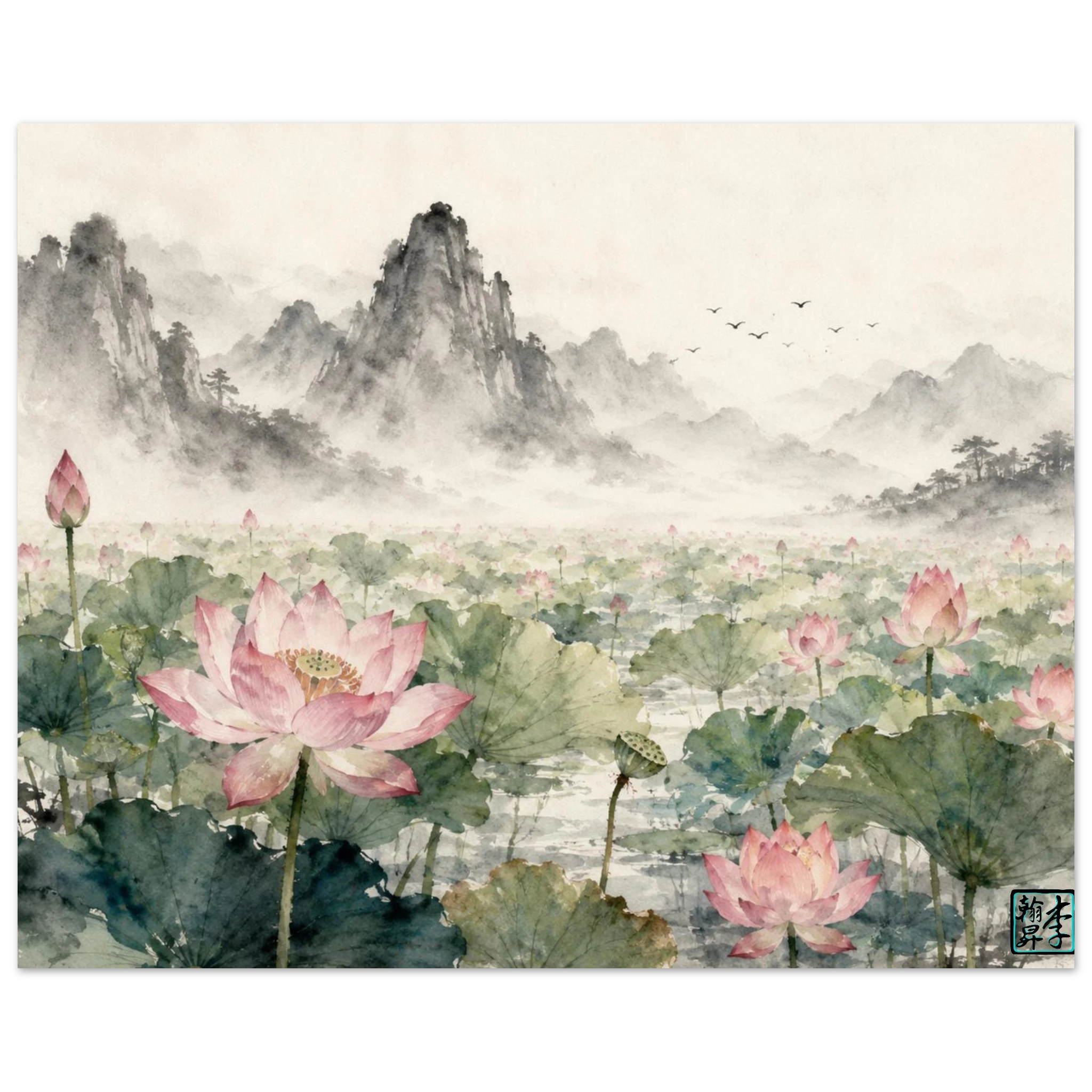 Lotus Fields Matte Print 21 x 29.7 cm/8x12" by Lee Hansheng Studios showcasing this premium matte print. This is a watercolor piece with white clouds, black mountains in the distance with a green lotus field, blooming or budding pink lotus flowers in a more white, blue water. The lotus flowers with yellow center. It is against a black/transparent background.