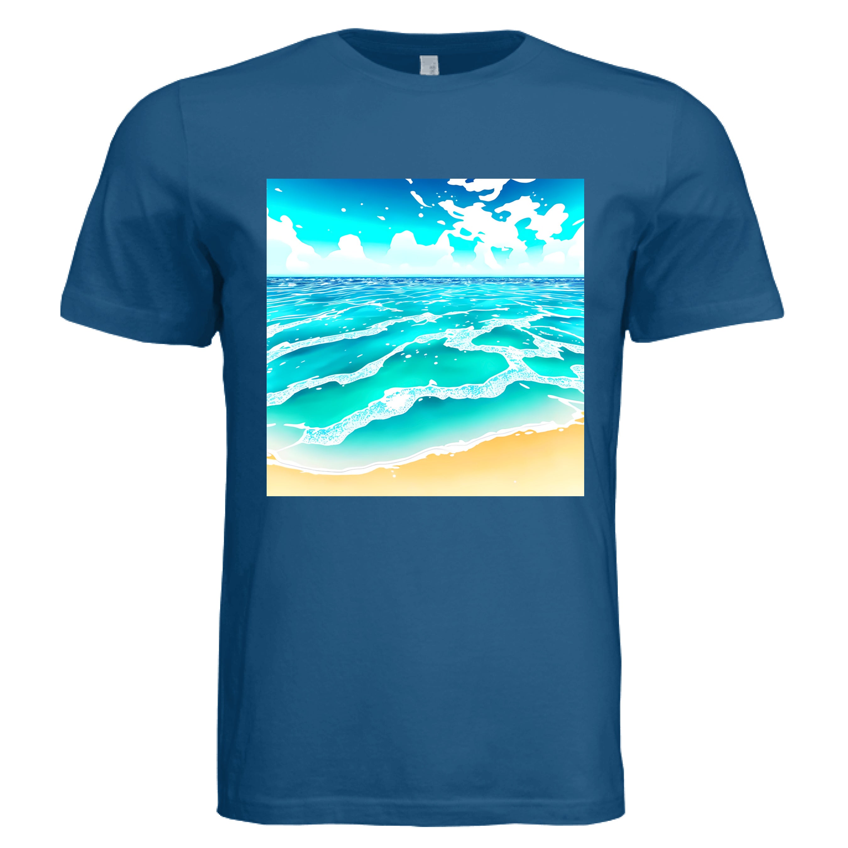 This is the Marine Beach Life T-Shirt by Lee Hansheng Studios. This showcases the front of the shirt. The squared illustration captures rolling turquoise waves, crisp white foam, and a stretch of golden sand under a brilliant blue sky that has clouds floating in the horizon. The sky is a gradient from light blue to darker blue. The shirt is against a white background. 