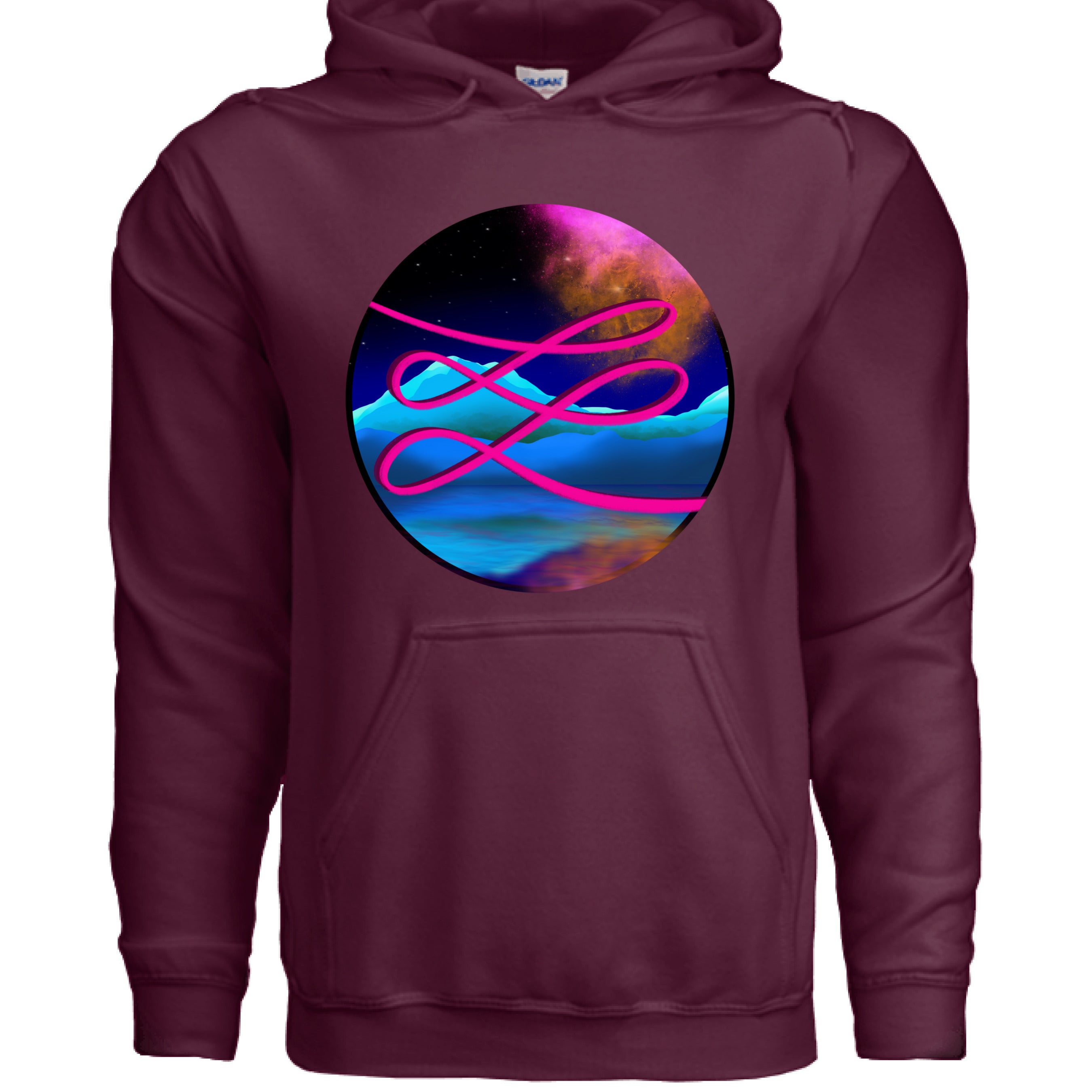 This is the Maroon Calligraphers Swirl Hoodie by Lee Hansheng Studios. This is showcasing the front. The illustration is circular and has a neon pink handwritten lines across the whole art. The background is a cosmic drop with blue mountains, galaxy like sky with dark purple, pink and orange colors. There a huge pouch under the design and drawstrings on the hoodie. It is against a white background.