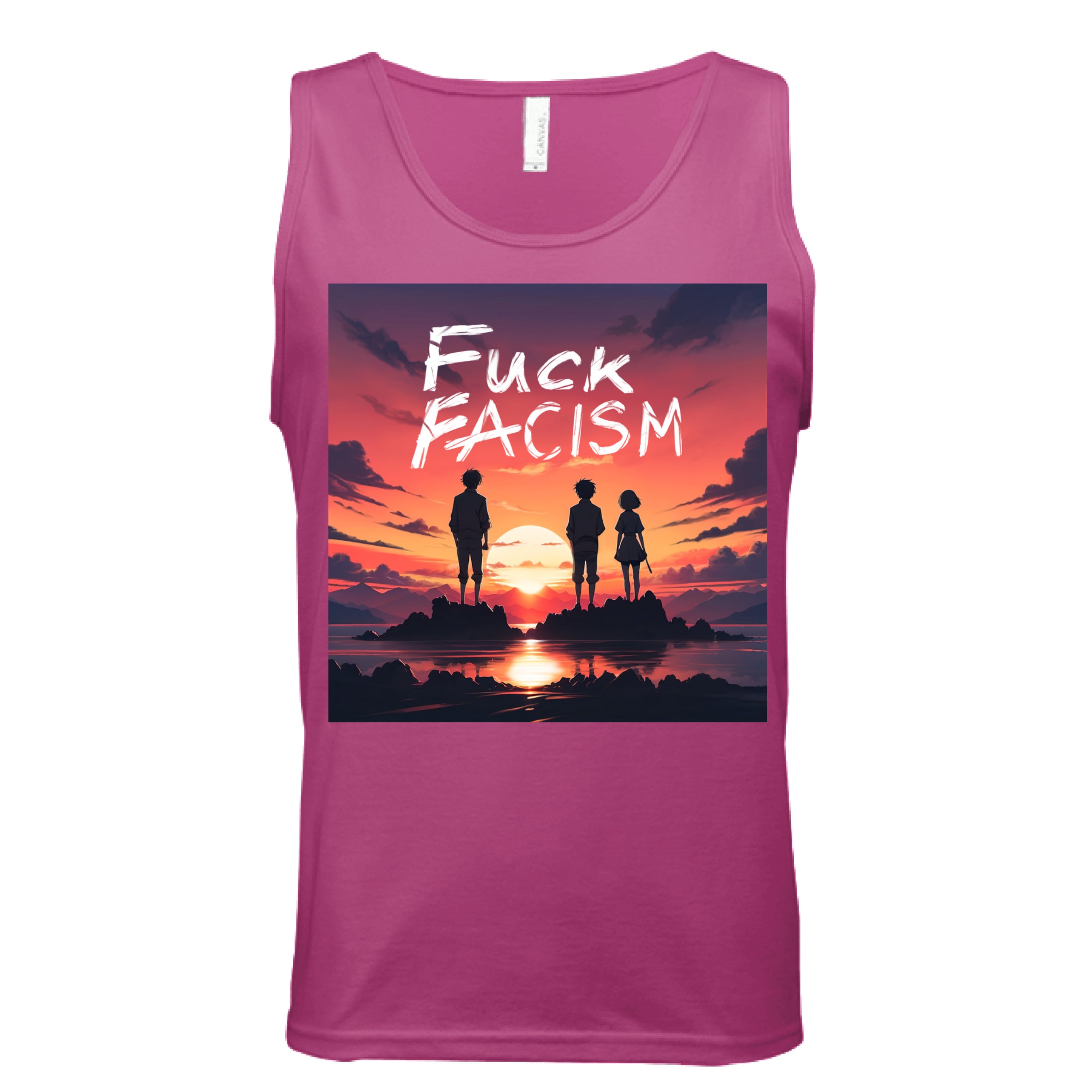 This is the Mauve Fuck Fascism Tank by Lee Hansheng Studios. This is showcasing the front of the tank. The illustration has a blazing yellow/red sunset sky, three figures, two guys, one lady stand united, their silhouettes facing towards the sunset on rocky land floating in the middle of the water. The words in white, "FUCK FACISM" near the top. Clouds surrounding the right and left of the tank. The white size label can be seen from the back of the tank. It is against a white background. 