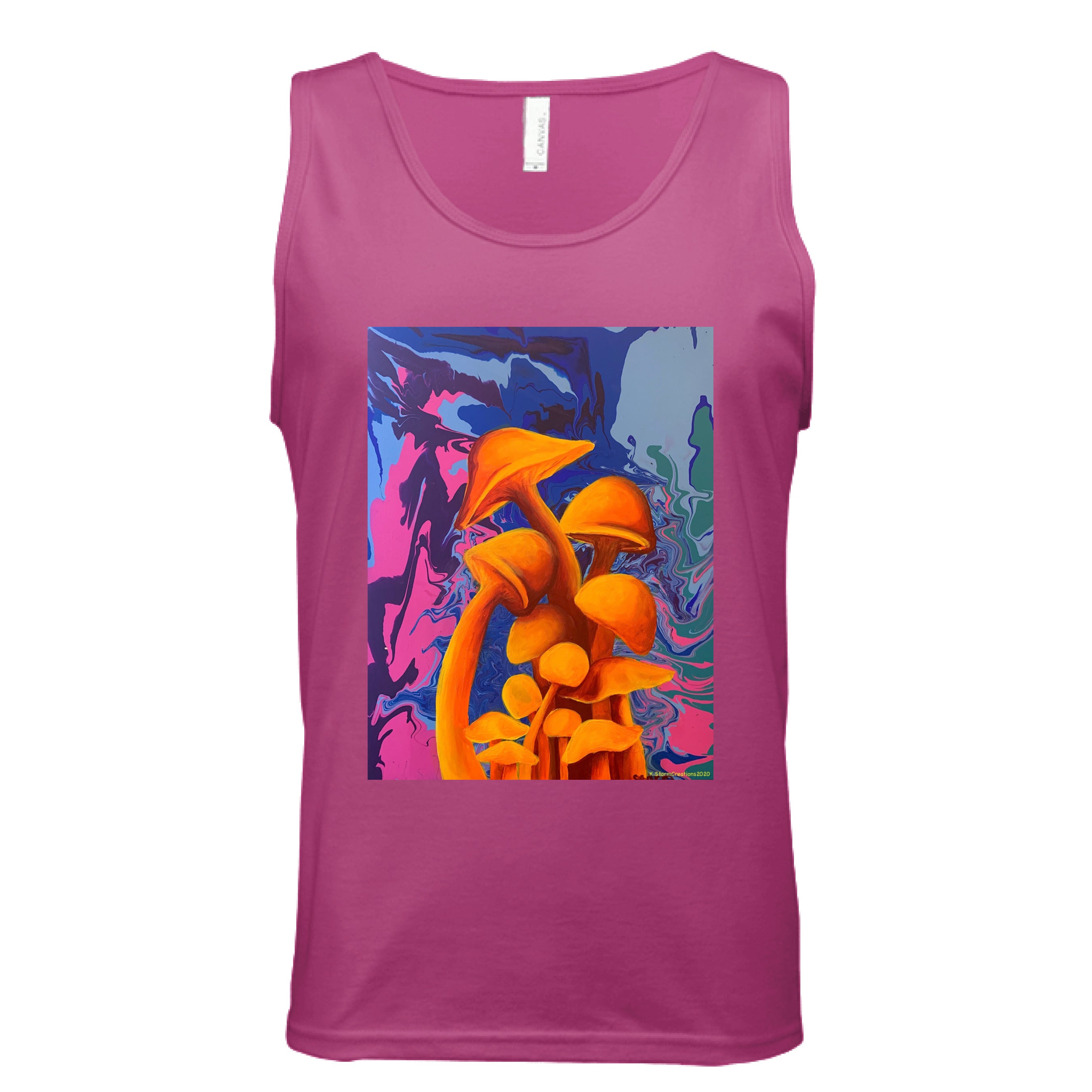 This is the Mauve Mushroom Tank by Storm Garden Studio. This is showcasing the front of the tank. There are two drawstrings on the hood and a large pouch under the illustration. The illustration is of 11 blazing orange fungis with a swirling background that includes blue, green, dark blue, purple and pink colors. The mushrooms are different shapes and sizes starting form the middle and reaching towards the top. It is against a white background.