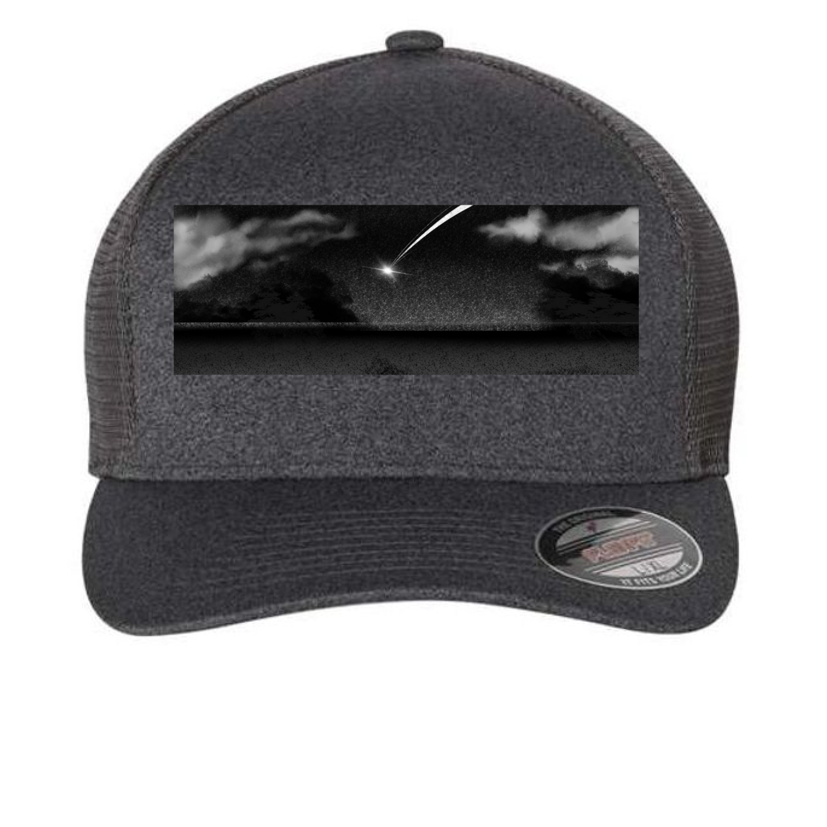 This is the Melange Dark Grey Star Fall Cap by Lee Hansheng Studios. This is showcasing the cap from the front. The illustration is a meteor streaking through the sky. It is a moody piece that as gradients of black and grey, a little pixelated with white clouds in the forefront. The meteor is also white. It is against a white background.