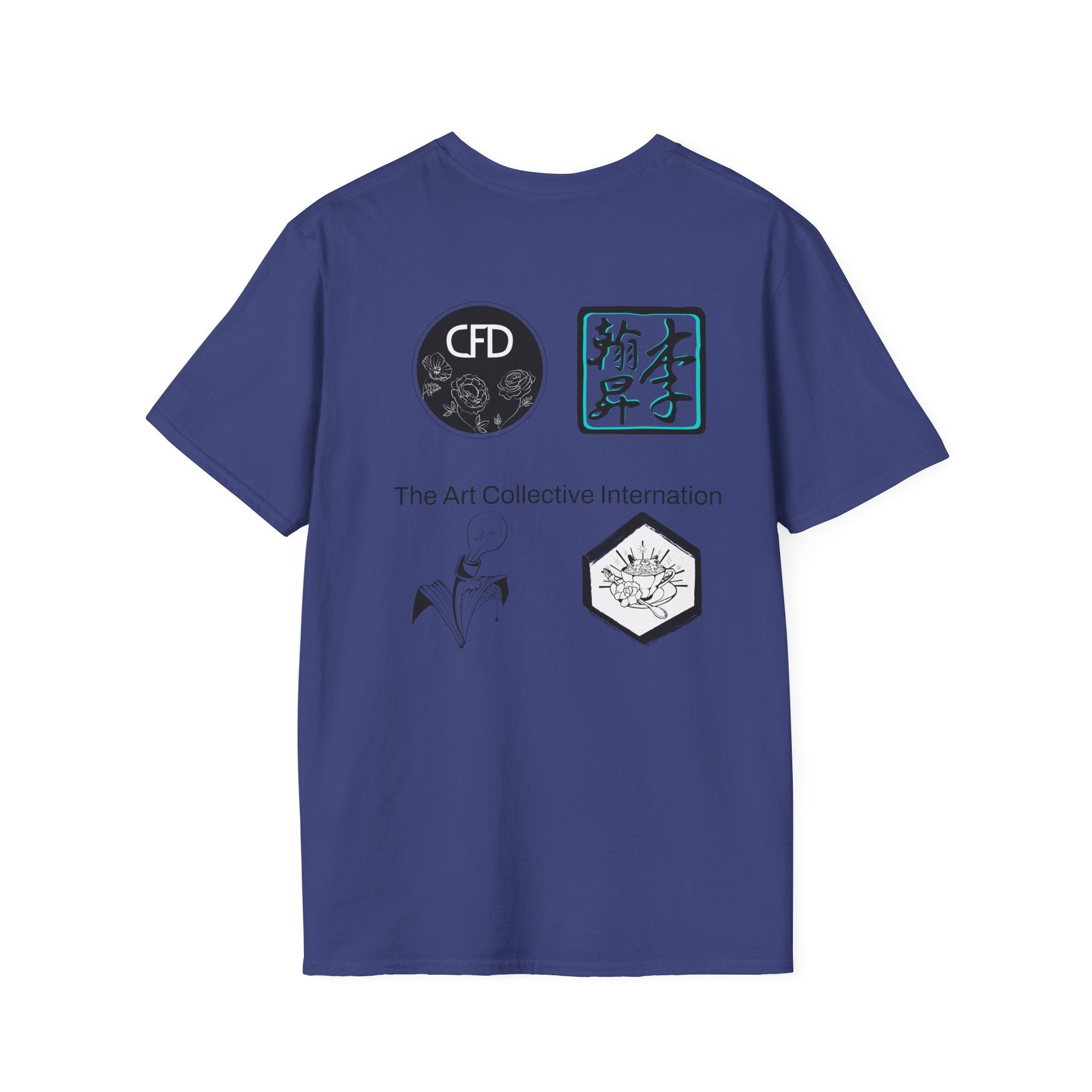This is a Metro Blue ACI T-Shirt showcasing the back of it. There are the four studios' logos. The logos are printed in mostly black and white. There is one logo that is outlined in a bright blue. There are two logos then print and then two other logos located on the upper part of the shirt. In between the logos, printed in black is "The Art Collective International". 