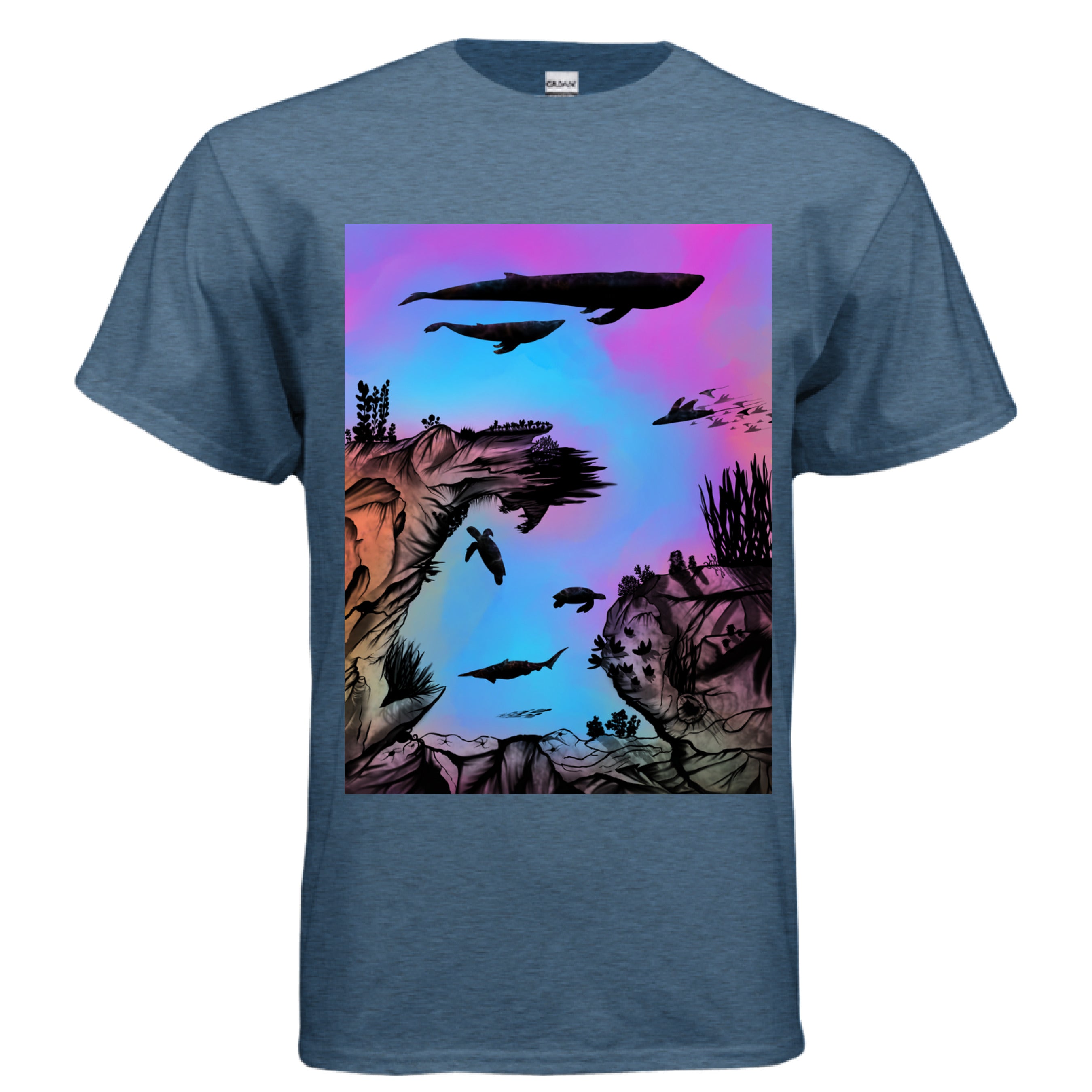 This is the Midnight Into the Abyss T-Shirt by Lee Hansheng Studios. This is showcasing the front. The illustration is of an otherworldly underwater world alive with graceful black silhouettes drifting against a luminous gradient of blues, purples, and warm tones throughout the water. To the left, right and bottom are sediment, rocks, seaweed throughout. The top has a humpback whale, another whale, below are a pool of mantis rays, two sea turtles, sea of fish. The white size label can be seen.