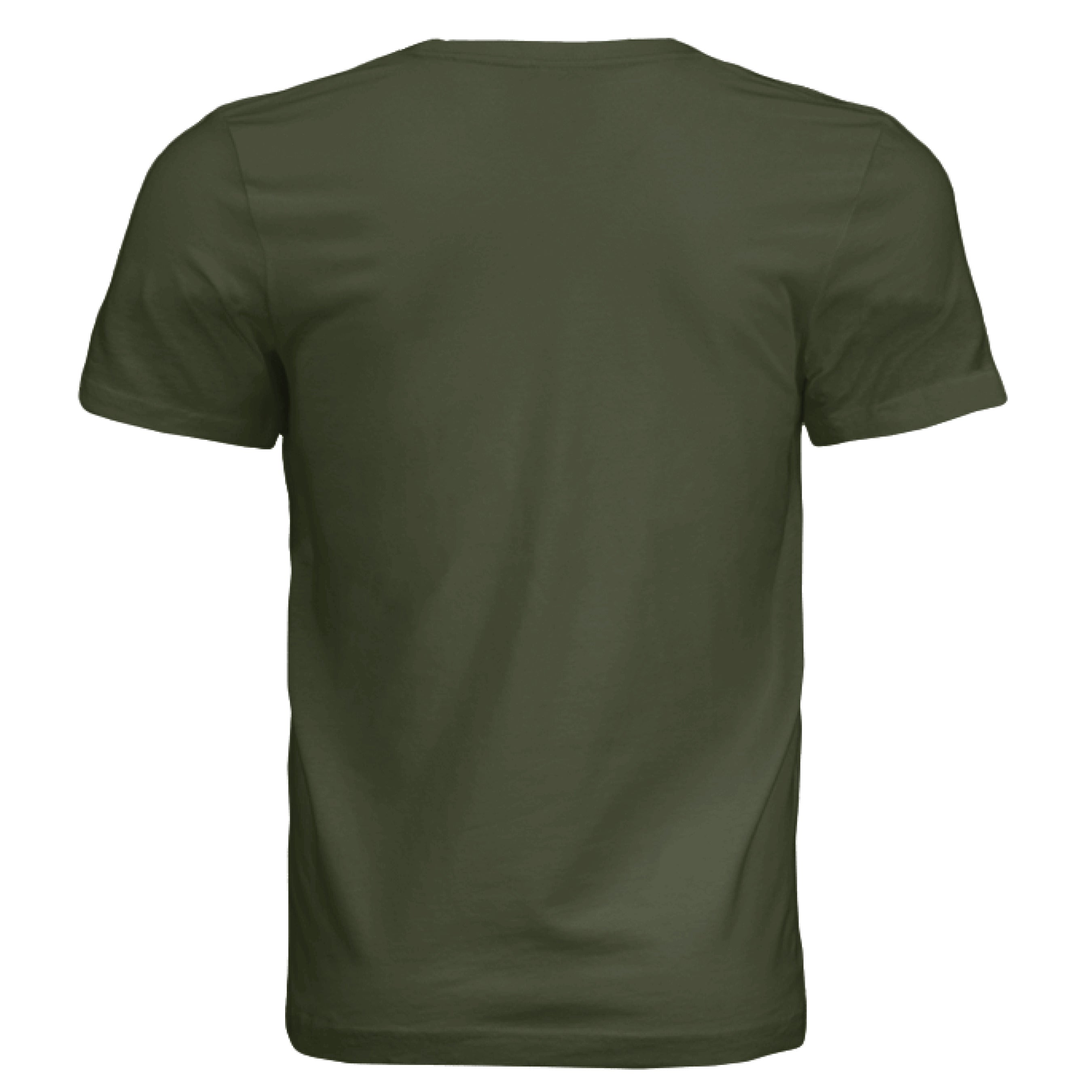 This is the Military Green Fuck Fascism T-Shirt by Lee Hansheng Studios. This is showcasing the back of the shirt. There's no images or illustrations on the back. It is against a white background. 