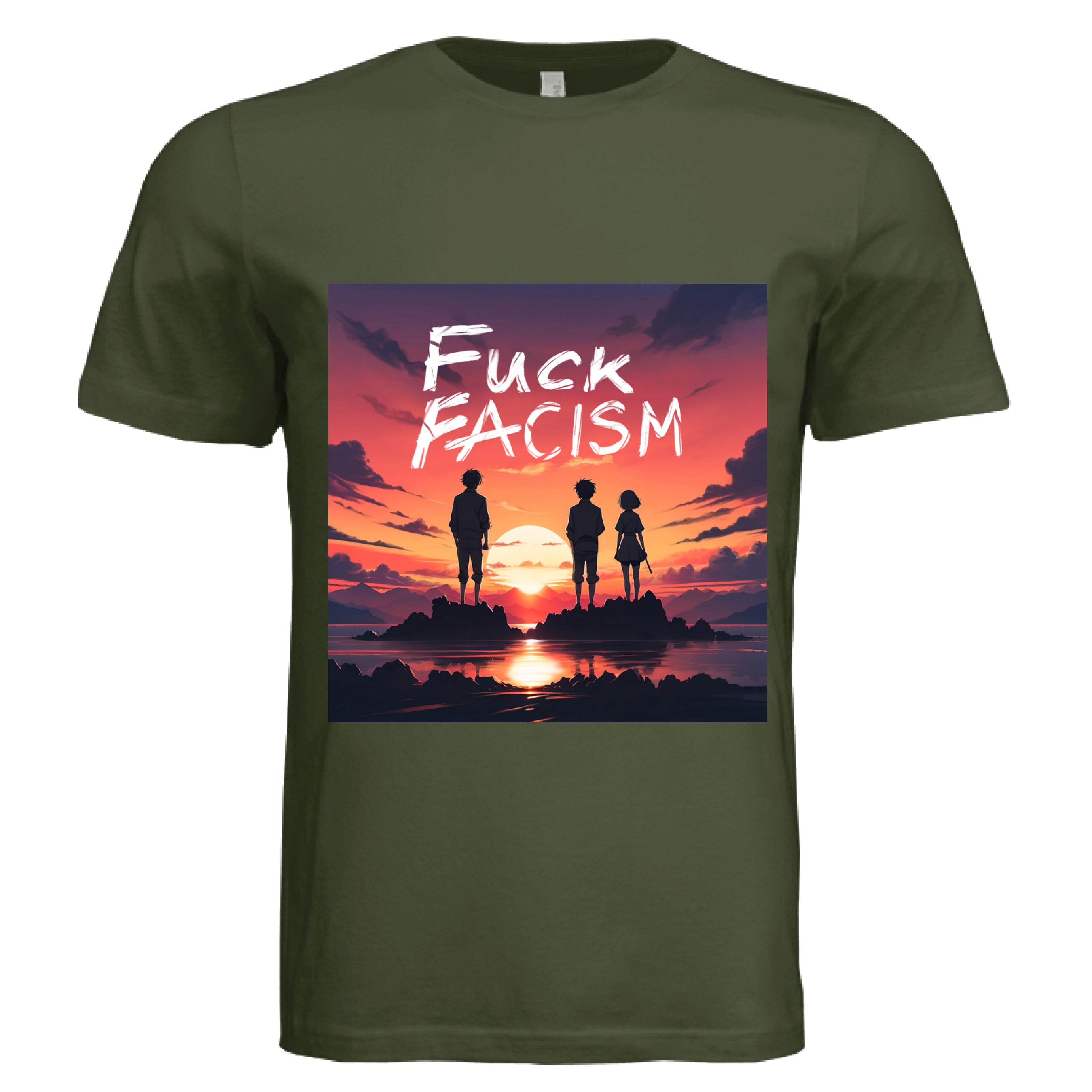 This is the Military Green Fuck Fascism T-Shirt by Lee Hansheng Studios. This is showcasing the front of the shirt. The illustration has a blazing yellow/red sunset sky, three figures, two guys, one lady stand united, their silhouettes facing towards the sunset on rocky land floating in the middle of the water. The words in white, "FUCK FACISM" near the top. Clouds surrounding the right and left of the shirt. The white size label can be seen from the back of the shirt. It is against a white background. 