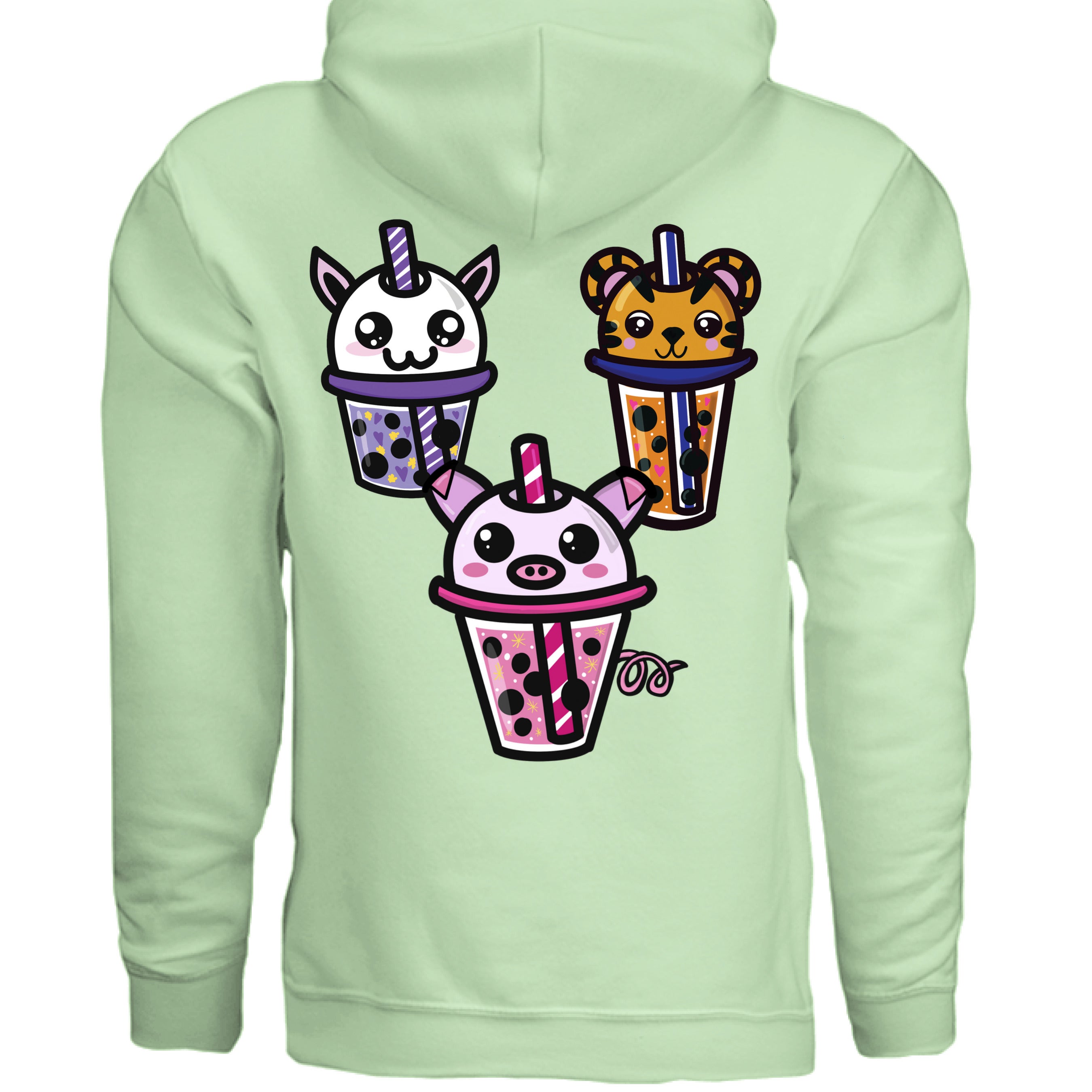 This is the Mint Green Boba Friends Hoodie by Dazzle & Daggers Design.This is the back,three kawaii designs.The Piggy Boba is pink all over and the glass has pink liquid, boba, yellow sparkles,white dots and peppermint swirl like.Thai Tea Tiger is orange,orange liquid,black boba,white dots,red hearts,blue and white striped straw.The Cryptid Boba is white, urple and white swirl straw,purple liquid,black boba,yellow stars and purple hearts.The hood with drawstrings and large pocket below the design.