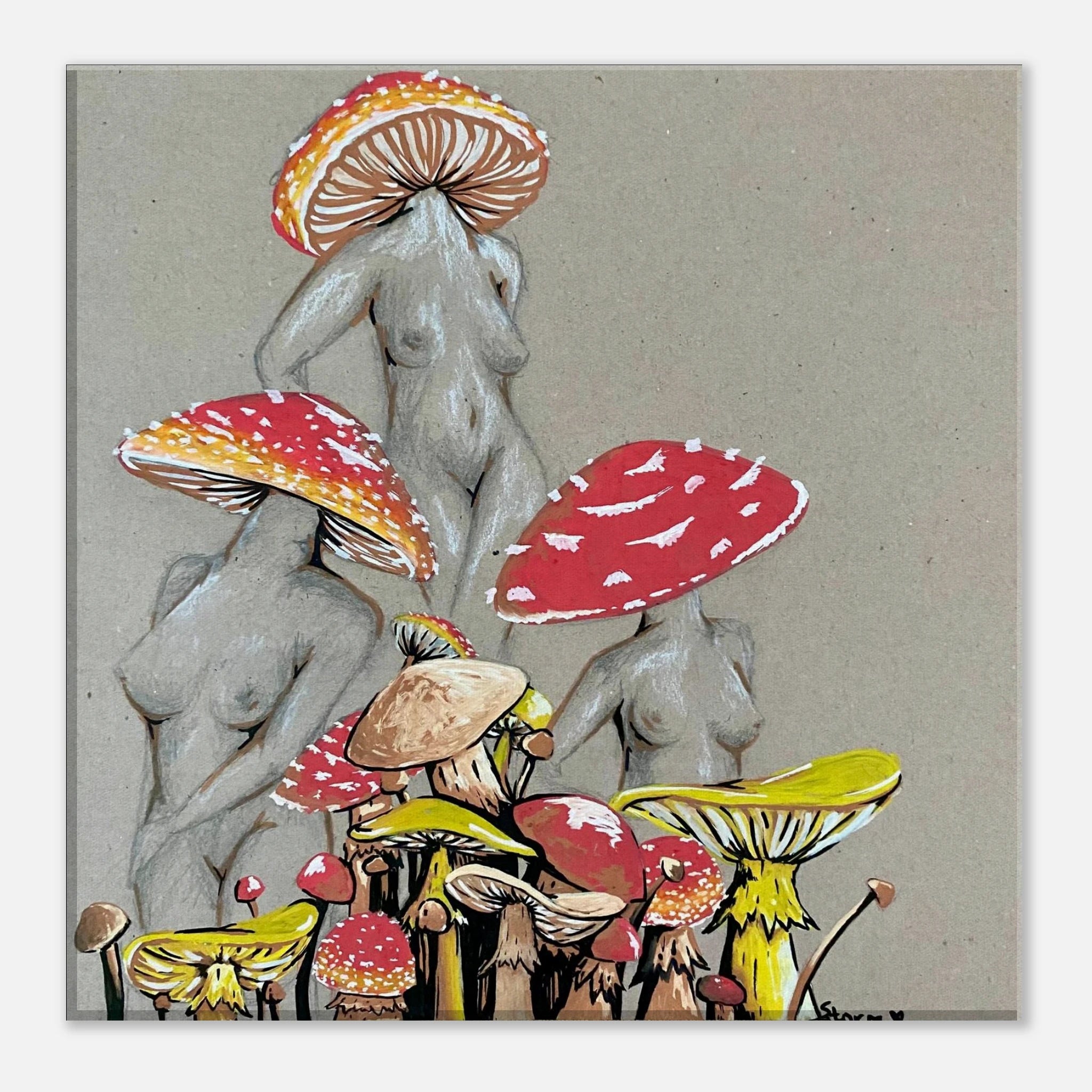 This is the 12" x 12" Miss Amanita Canvas Print by Storm Garden Studio. This illustration is on tan/grey background. There are three fusions of female human anatomy and mushroom fungi. Their heads are different styles of mushrooms, bodies are a gray/white outlined in brown. Below are different mushrooms and shapes with a mix of tan, redd, white and yellow colors. It is against a white background. 