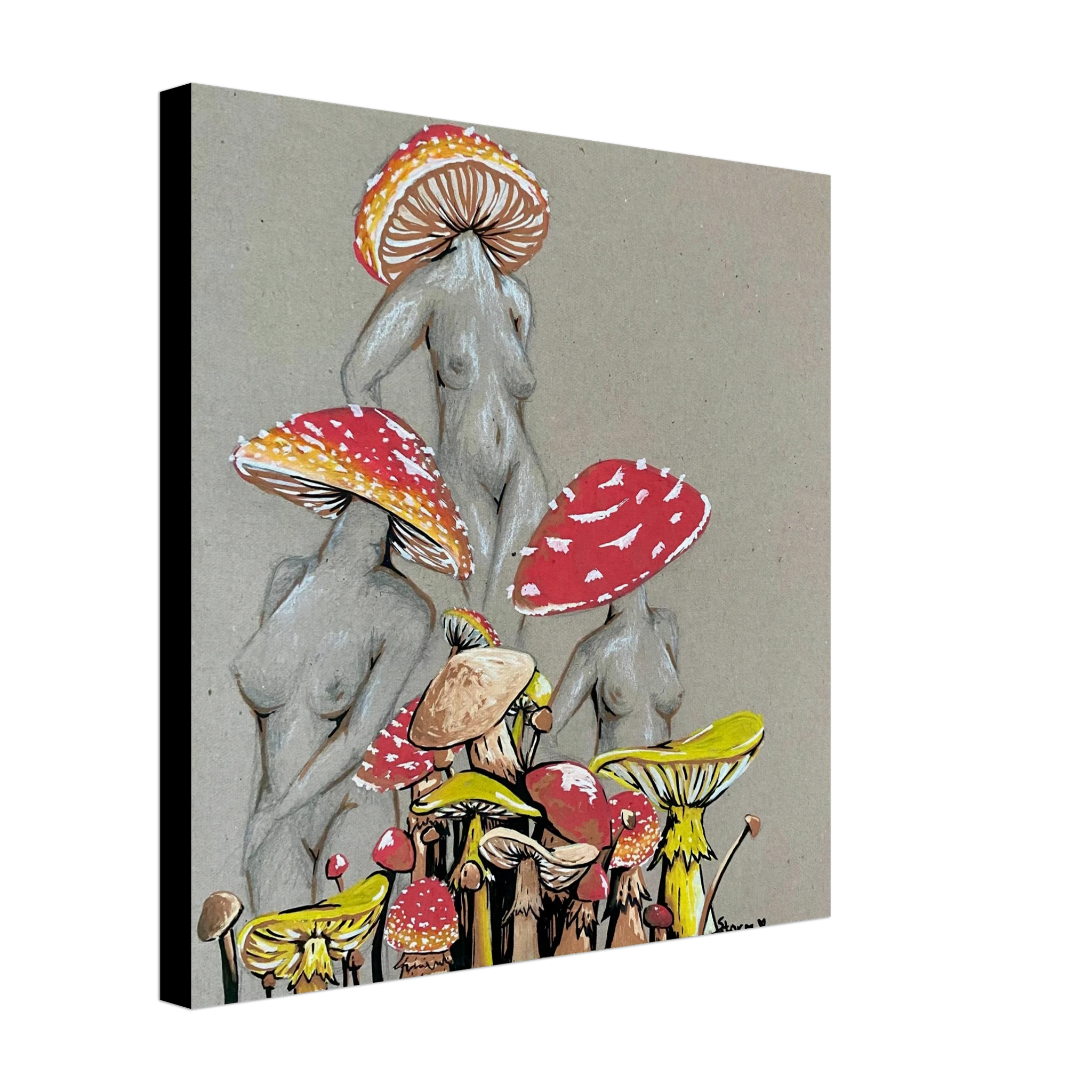 This is the 16" x 16" Miss Amanita Canvas Print by Storm Garden Studio. This showcases the print on the side to show the thickness of the canvas. This illustration is on tan/grey background. There are three fusions of female human anatomy and mushroom fungi. Their heads are different styles of mushrooms, bodies are a gray/white outlined in brown. Below are different mushrooms and shapes with a mix of tan, redd, white and yellow colors. It is against a white background. 