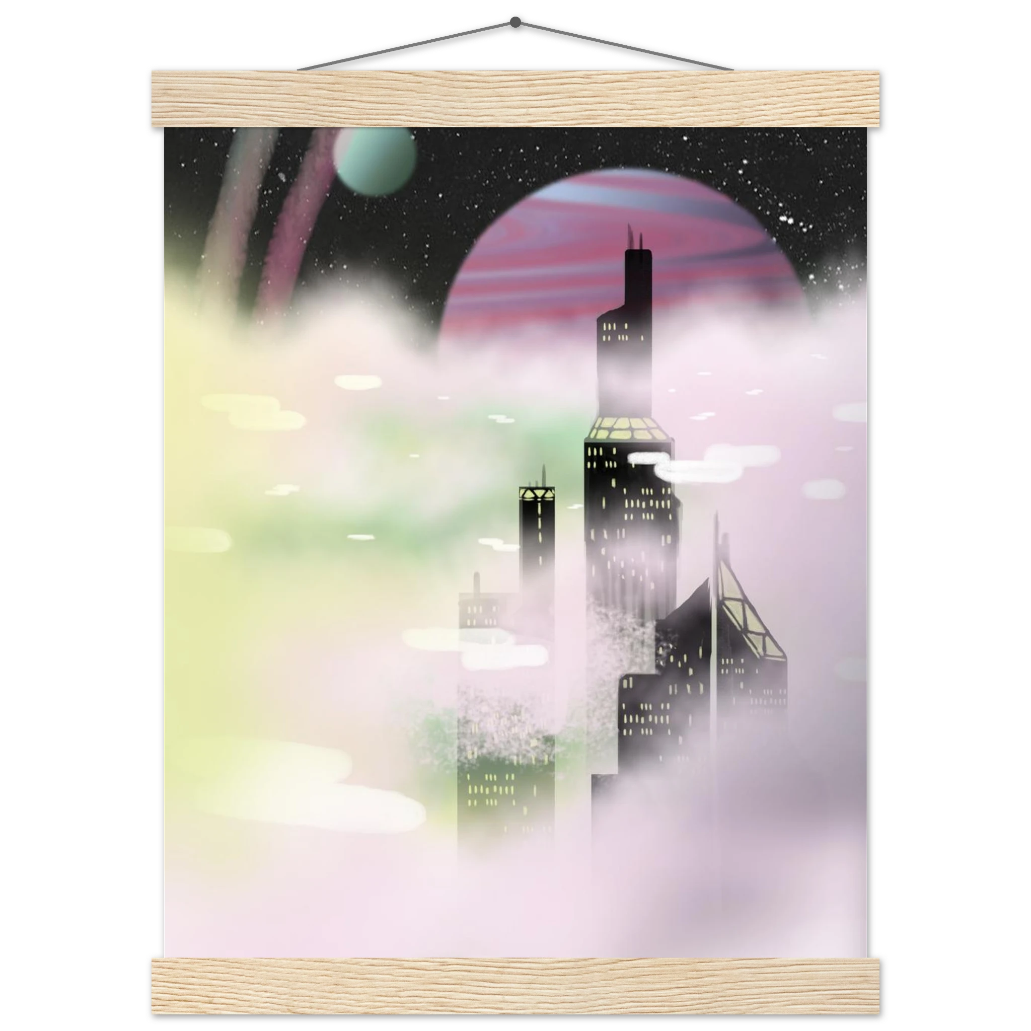 This is the Natural Wood 11" x 14" Space Environment Poster with Hanger by Chris Foster Design. It has a hanger attached to wood on the top. Wood on the bottom. Similar to a scroll. The illustration blends the sharp geometry of towering buildings shadowed in black with yellow windows. Ethereal glow of planetary skies including a dark sky, white dots as stars, circular planet in light blue, pink/purple, streaks of blue/pink in the sky and drifting clouds with hues of green, pink and white. 