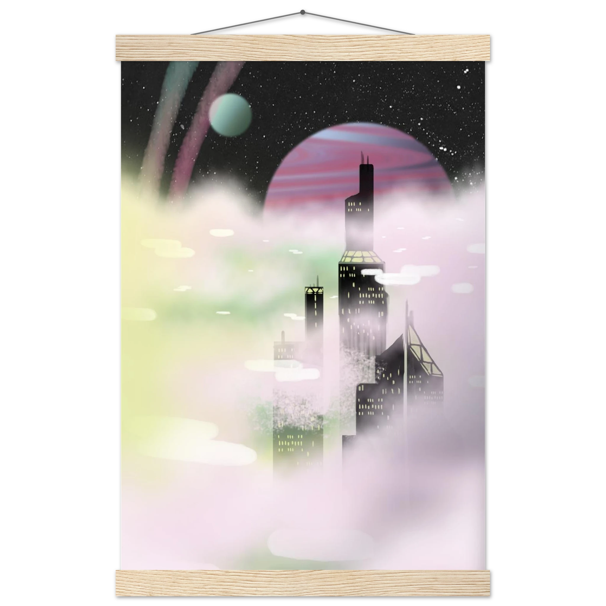 This is the Natural Wood 11" x 17" Space Environment Poster with Hanger by Chris Foster Design. It has a hanger attached to wood on the top. Wood on the bottom. Similar to a scroll. The illustration blends the sharp geometry of towering buildings shadowed in black with yellow windows. Ethereal glow of planetary skies including a dark sky, white dots as stars, circular planet in light blue, pink/purple, streaks of blue/pink in the sky and drifting clouds with hues of green, pink and white. 