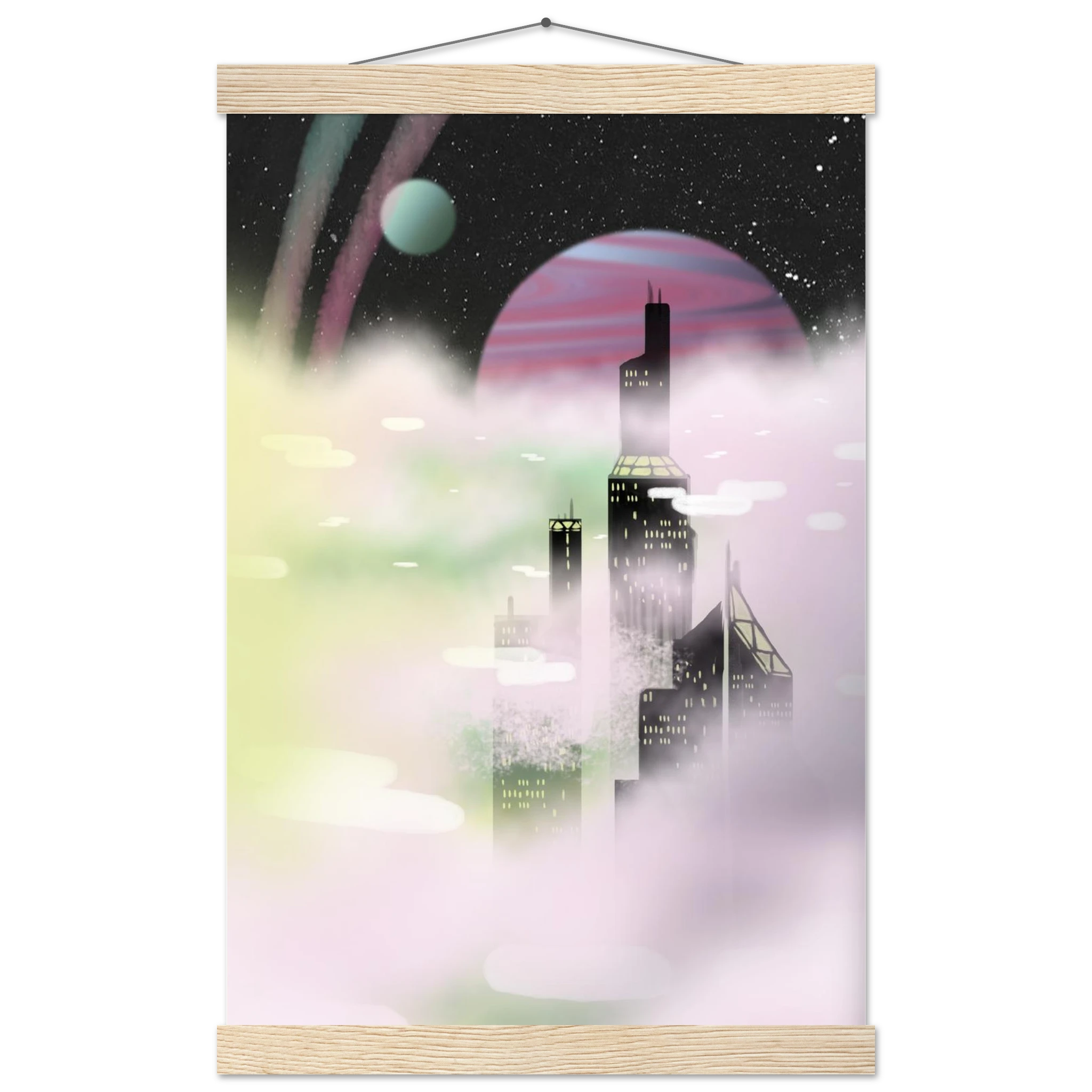 This is the Natural Wood 12" x 18" Space Environment Poster with Hanger by Chris Foster Design. It has a hanger attached to wood on the top. Wood on the bottom. Similar to a scroll. The illustration blends the sharp geometry of towering buildings shadowed in black with yellow windows. Ethereal glow of planetary skies including a dark sky, white dots as stars, circular planet in light blue, pink/purple, streaks of blue/pink in the sky and drifting clouds with hues of green, pink and white. 