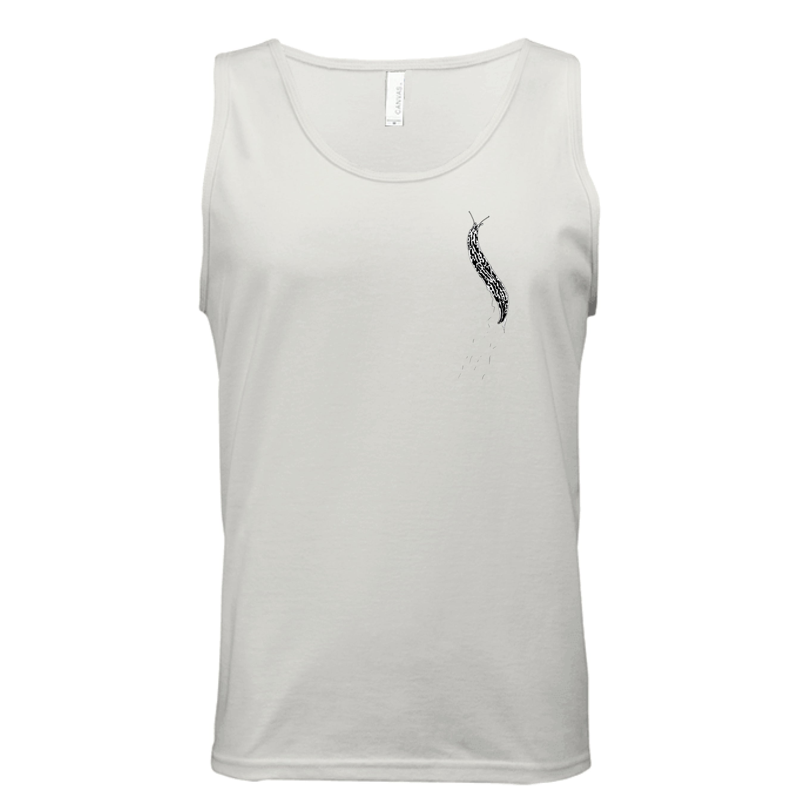 This is the Natural Banana Slug Tank by Storm Garden Studio. This showcases the front of the tank. There is a banana slug in black and white on the left chest. There is a large pouch too. It is against a white background. 
