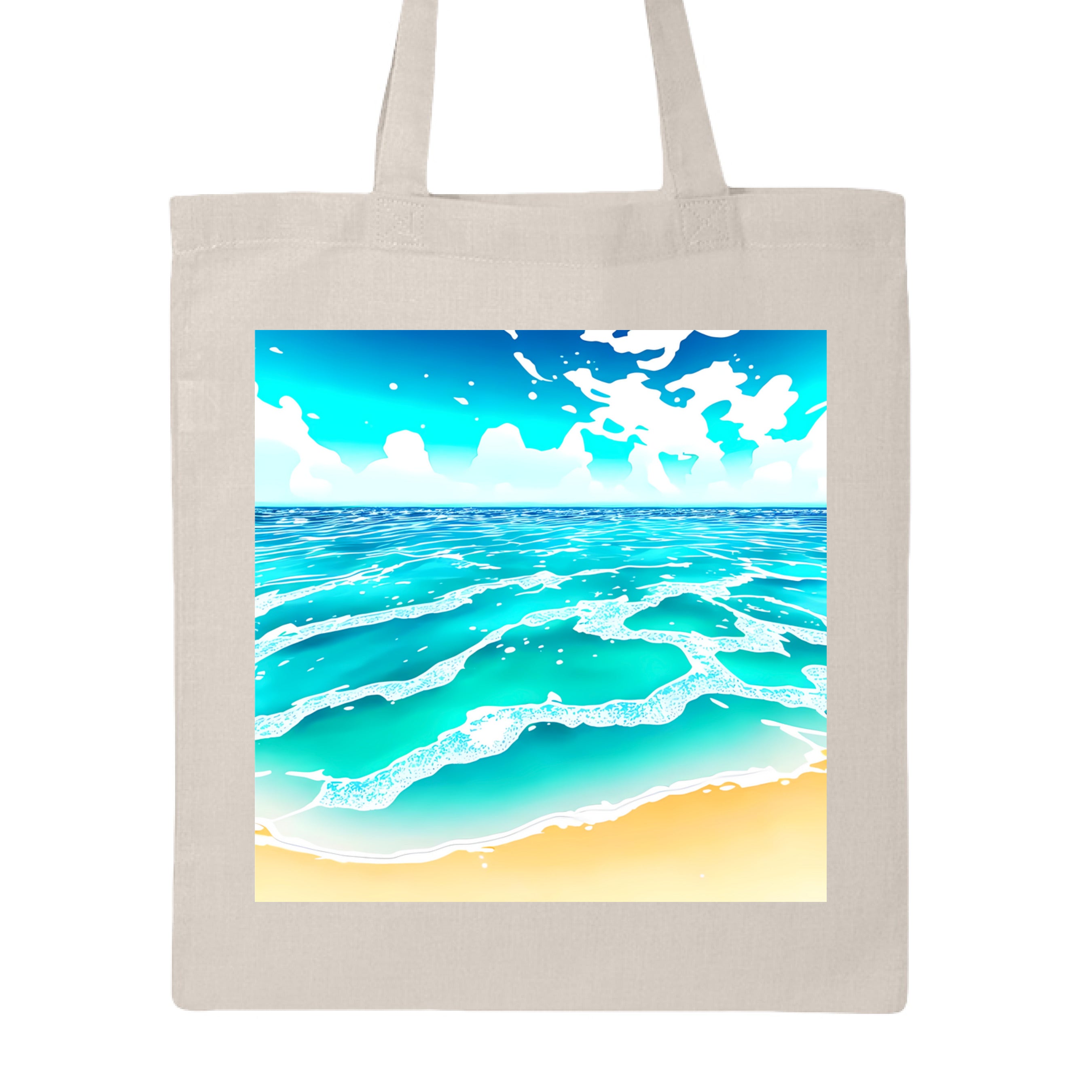 This is the Natural Beach Life Canvas Tote by Lee Hansheng Studios. This showcases the front of the tote. The squared illustration captures rolling turquoise waves, crisp white foam, and a stretch of golden sand under a brilliant blue sky that has clouds floating in the horizon. The sky is a gradient from light blue to darker blue. The tote is against a white background. 