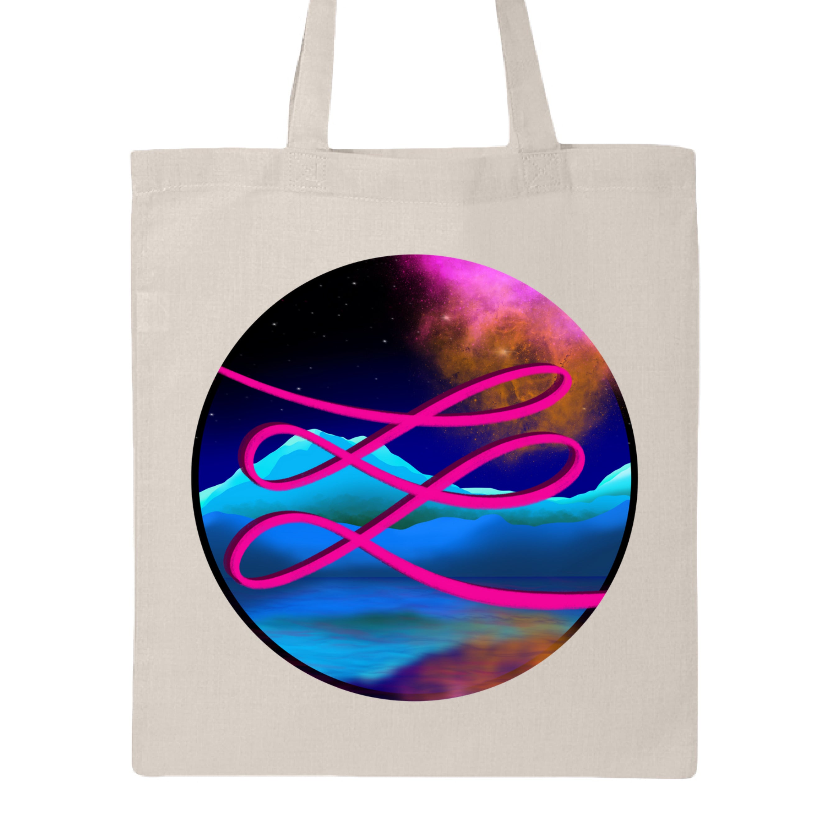 This is the Natural Calligraphers Swirl Canvas Tote by Lee Hansheng Studios. This is showcasing the front. The illustration is circular and has a neon pink handwritten lines across the whole art. The background is a cosmic drop with blue mountains, galaxy like sky with dark purple, pink and orange colors. The tote is against a white background.