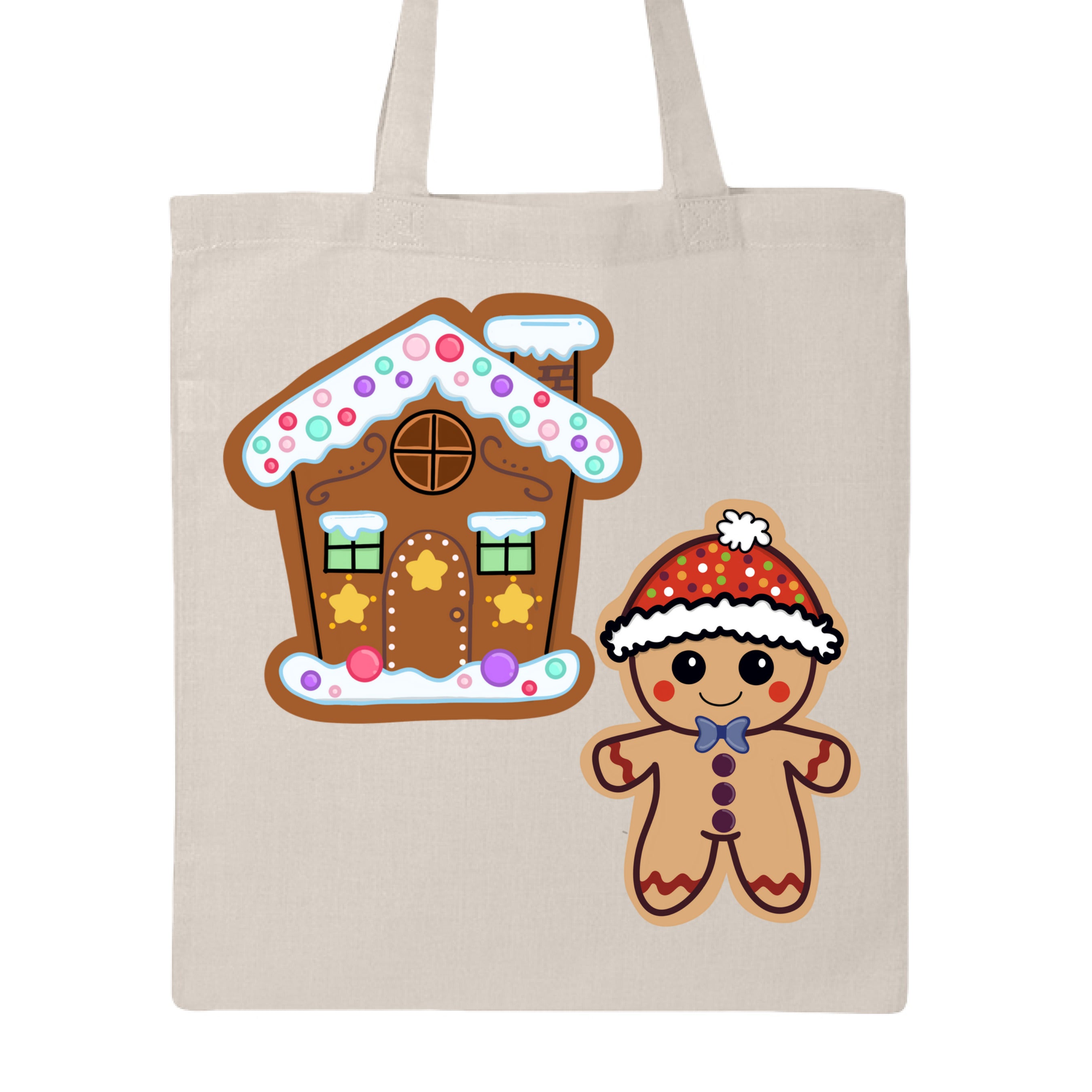 This is the Natural Ginger Home Canvas Tote by Dazzle & Daggers Design.Showcasing the front of the tote.One is a Alar cheeks,red zigzags on arm and legs.Gingerbread man is wearing a polka dotted hat w/a white puff and lining around the hat.The polka dots are green,blue,purple,white and orange.Gingerbread house is dark brown w/two green glass windows,yellow stars,intricate designed window,snow on the chimney,below the house/roof is spotted snow in red,green,yellow and orange. 