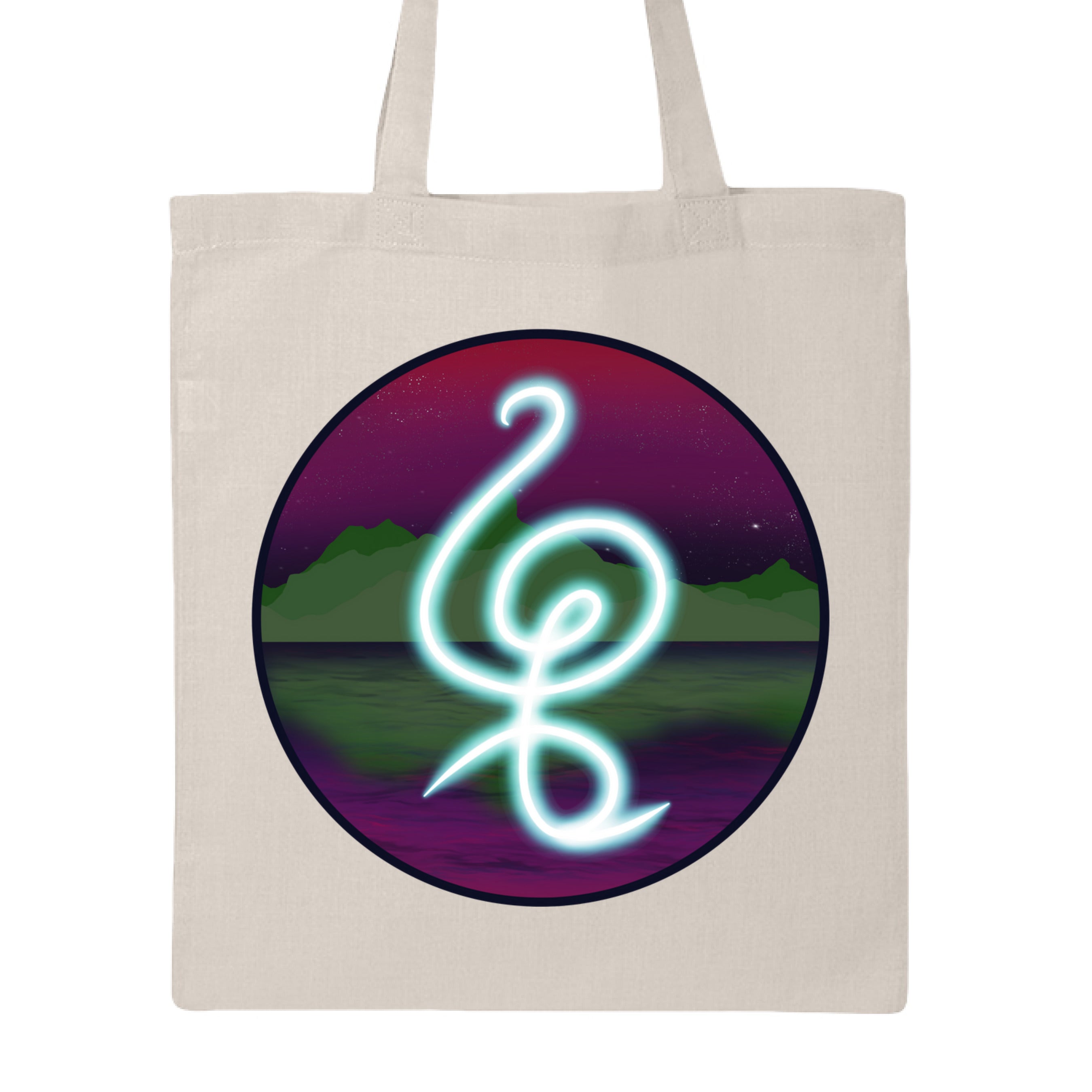 This is the Natural Hakuna Matata Canvas Tote by Lee Hansheng Studios. This is showcasing the front. The illustration is circular and has a glowing, freeform symbol in luminous turquoise against a cosmic horizon of deep purples and greens with twinkling yellow stars. It is against a white background.  