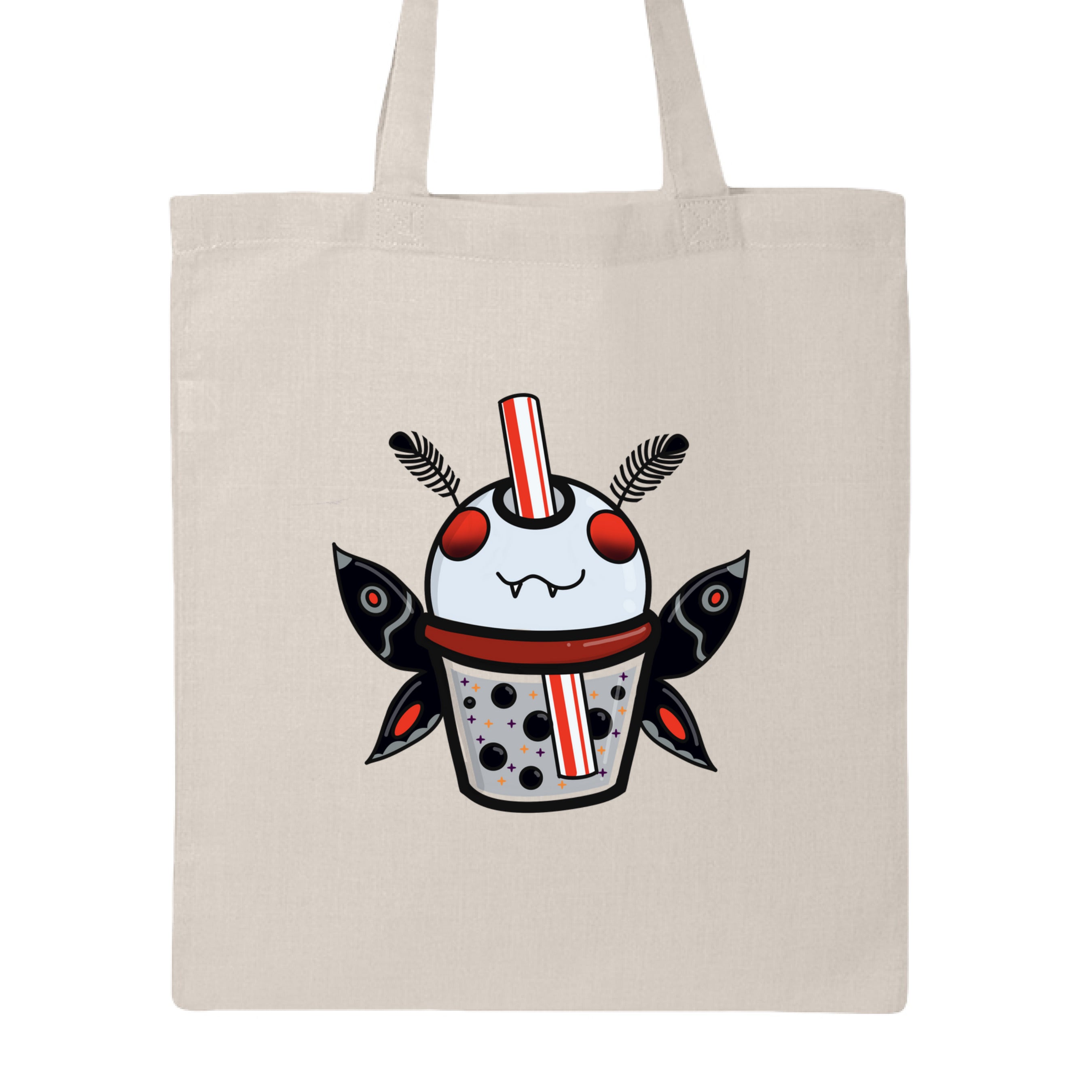 This is the Natural Mothman Boba Canvas Tote by Dazzle & Daggers Design. This is showcasing the front of the tote. There is an illustration of a moth boba that is gray, red eyes, inside the glass is gray with black boba, red dots, black, red, gray both wings and fluffly black antennas, red and white striped straw. It is against a white background.
