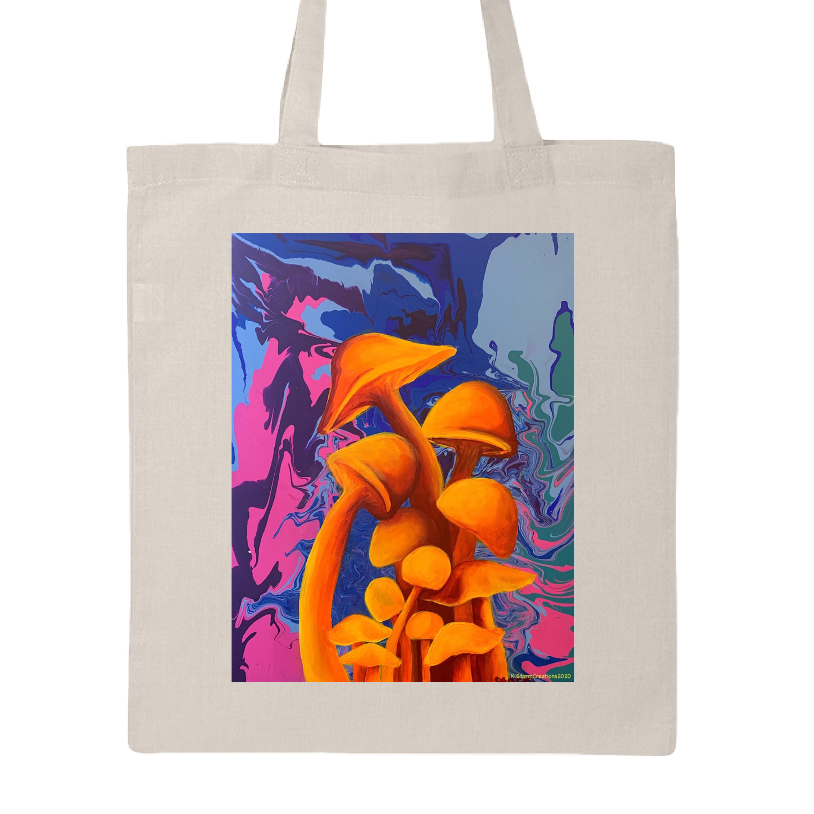 This is the Natural Mushroom Canvas Tote by Storm Garden Studio. This is showcasing the front of the tote. The illustration is of 11 blazing orange fungis with a swirling background that includes blue, green, dark blue, purple and pink colors. The mushrooms are different shapes and sizes starting form the middle and reaching towards the top. It is against a white background.