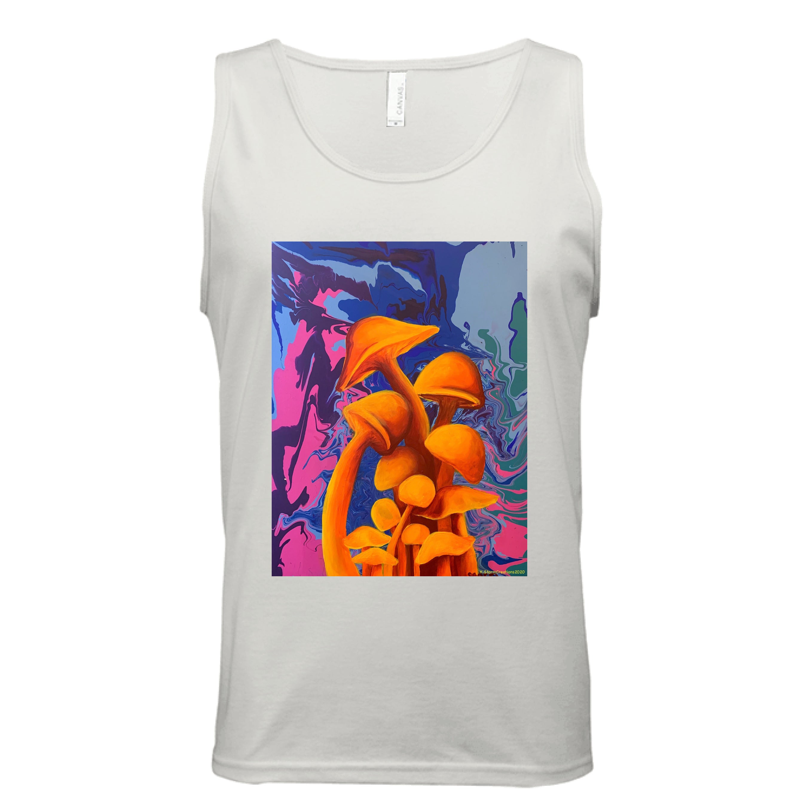 This is the Natural Mushroom Tank by Storm Garden Studio. This is showcasing the front of the tank. There are two drawstrings on the hood and a large pouch under the illustration. The illustration is of 11 blazing orange fungis with a swirling background that includes blue, green, dark blue, purple and pink colors. The mushrooms are different shapes and sizes starting form the middle and reaching towards the top. It is against a white background.