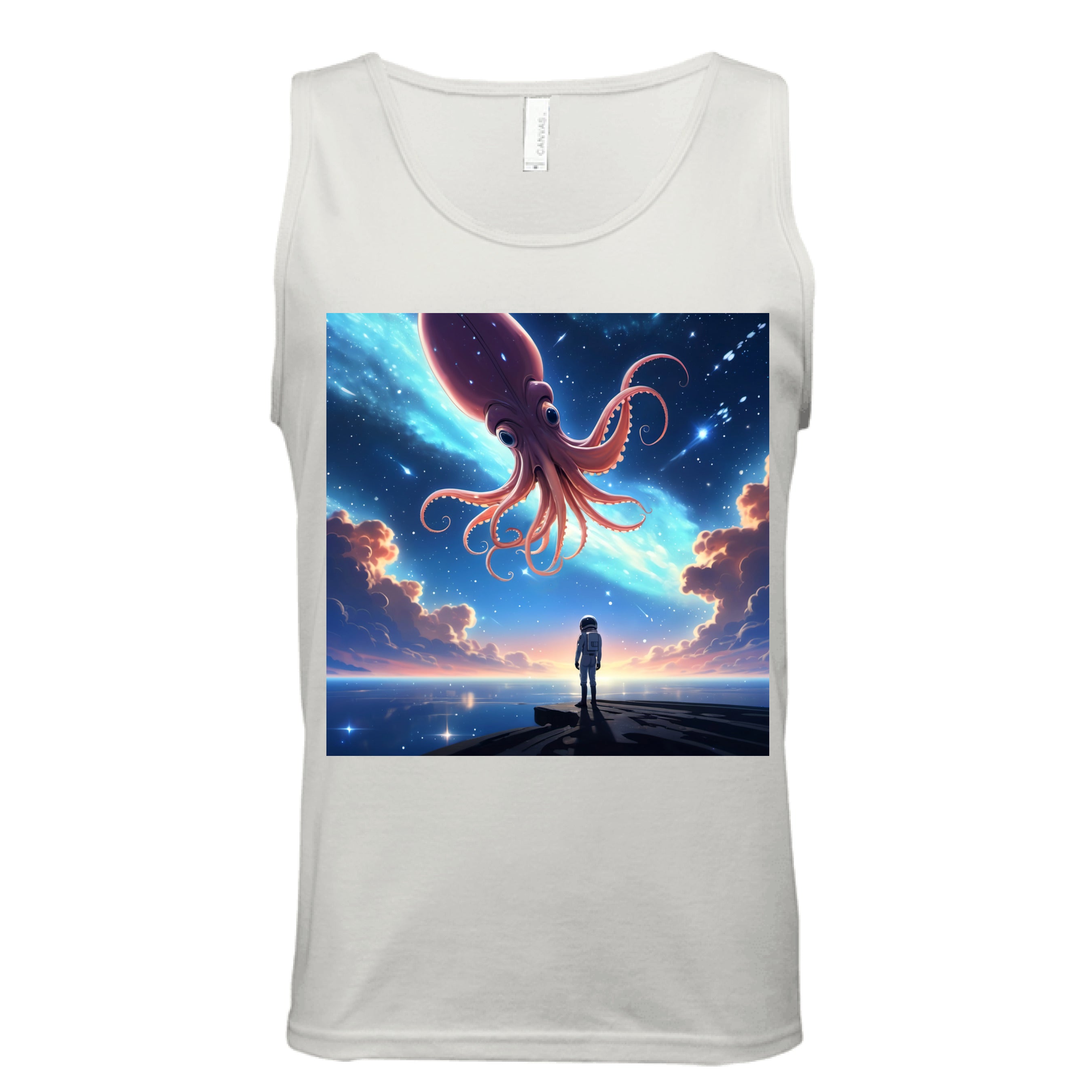 This is the Natural Star Maker Tank by Lee Hansheng Studios. This is showcasing the front. The illustration features a lone astronaut in white, standing on a dark surface gazing at a pink octo-squid alien, drifting through a sky. The sky is alive with stars, nebulae, and clouds. The clouds are drifting up at the right and left with pink/blue hues. The sky is a light blue and the drifting stars behind the animal is a light blue. It is against a white background. 