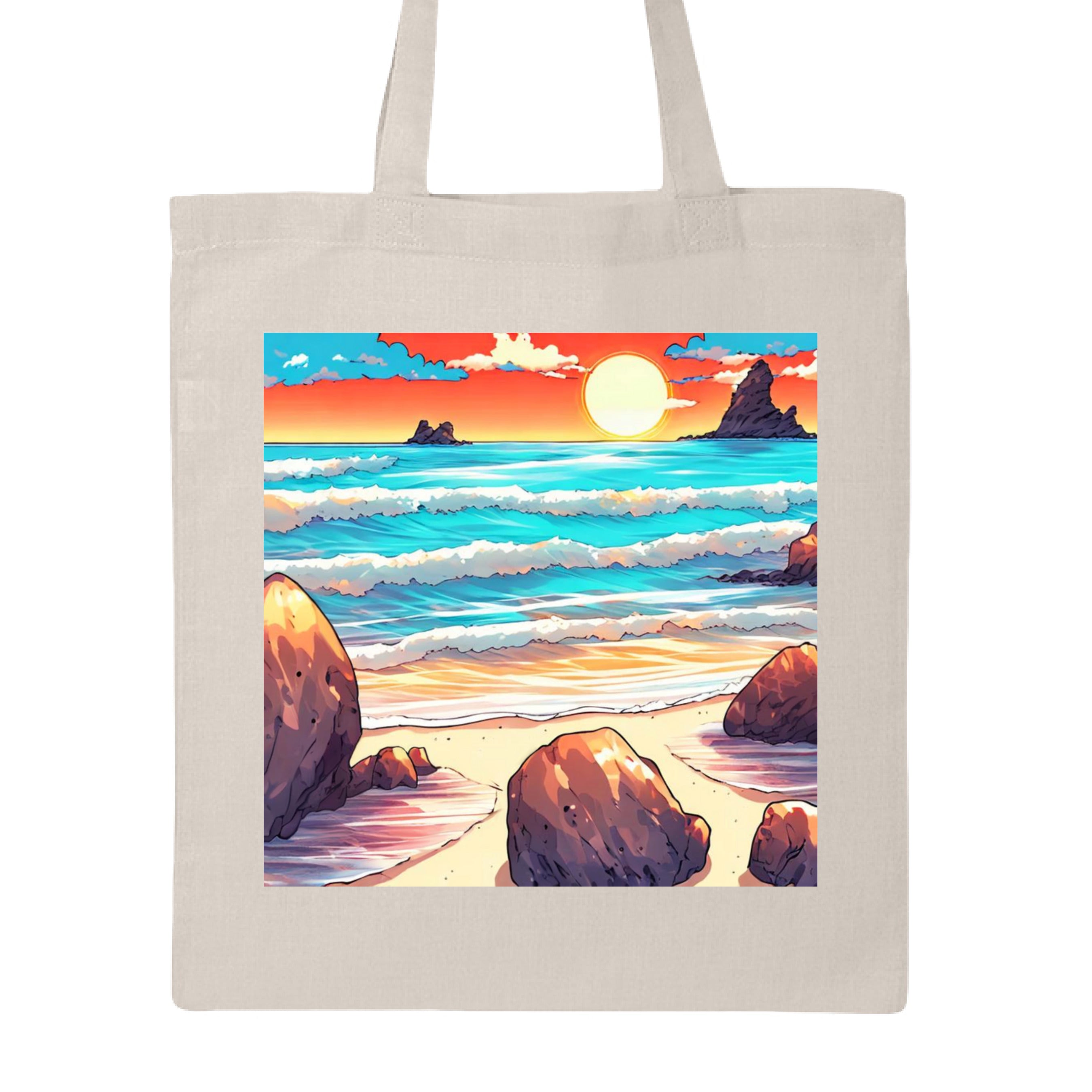 This is the Natural Sunset Beach Canvas Tote by Lee Hansheng Studios. This image showcase the front of the tote and the illustration is squared. There's a glowing blue,white,seascape with vivid red,orange,yellow skies, rolling waves, and sunlit rocks along the shoreline that are bronze/brown and tan sand. The tote is against a white background.