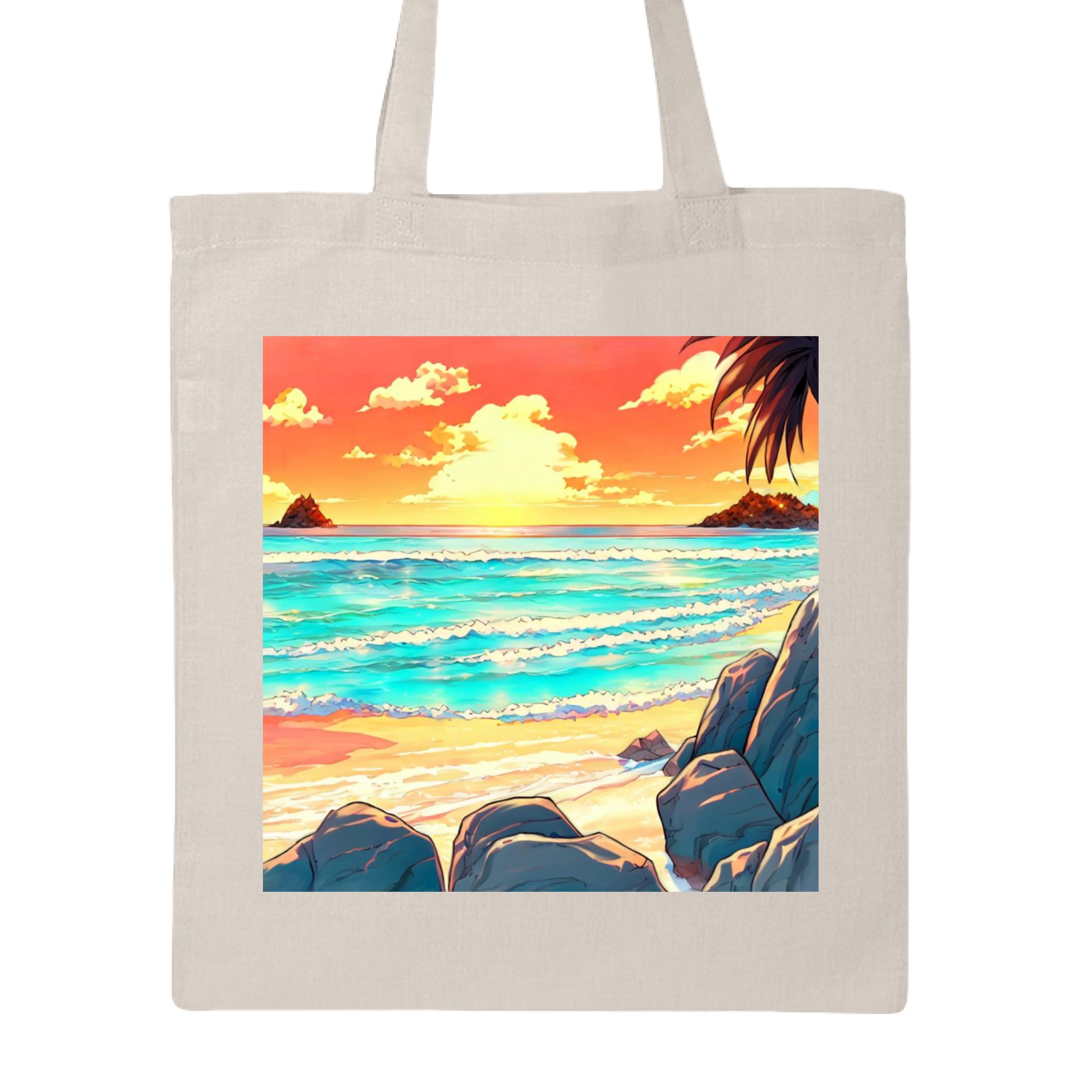 This is the Natural Sunset on the Beach Canvas Tote by Lee Hansheng Studios. This is showcasing the front of the tote. The illustration features a glowing golden sun, turquoise/white waves, and soft tan sands framed by tropical palms that look orange in the light and rocky shores that are grey and green. It is against a white background. 