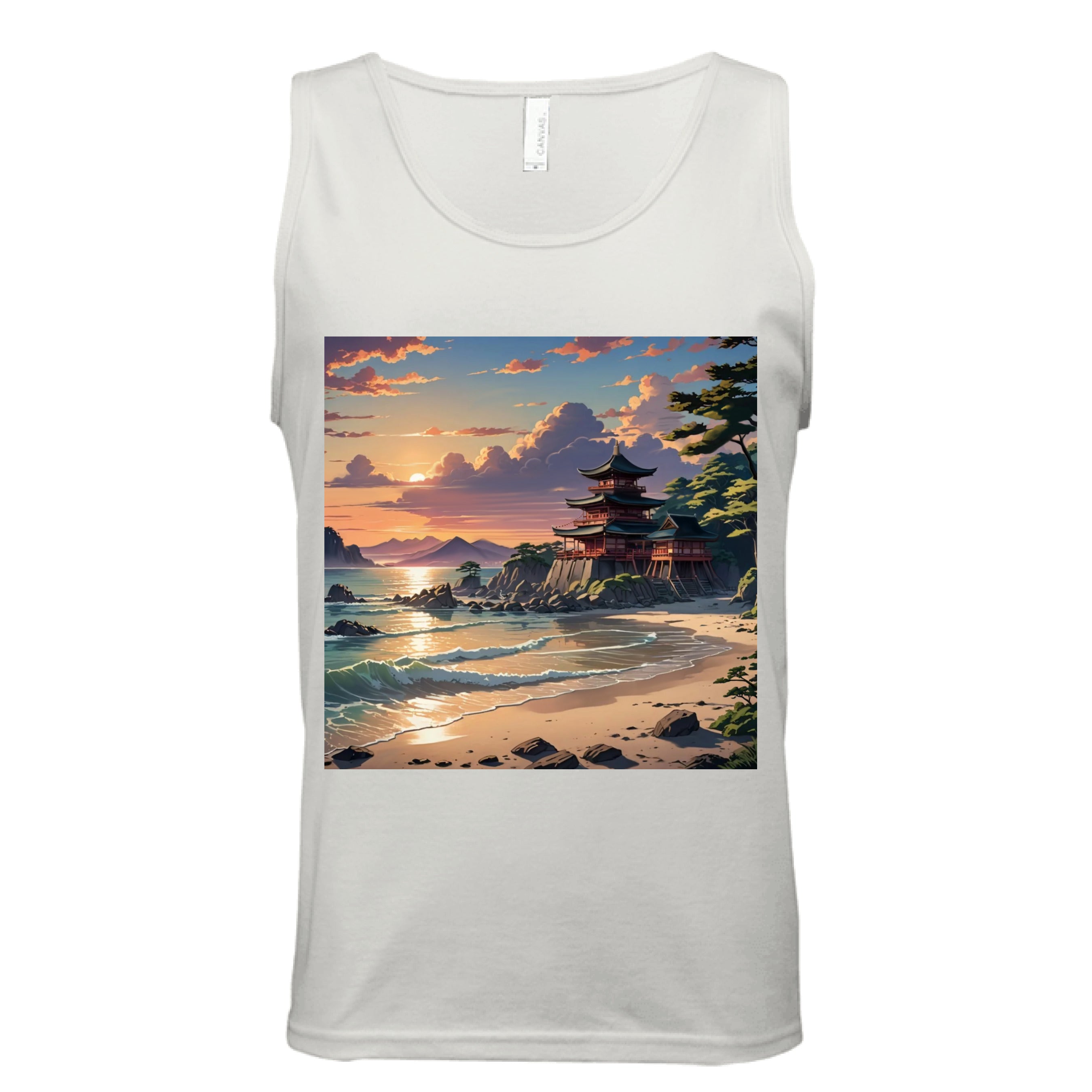 This is the Natural Temple of Peace Tank by Lee Hansheng Studios. This is showcased from the front. The illustration in the forefront are crashing light blue, white waves hitting the tan beach, scattered rocks lining the beach to the right where trees are peaking out. In the back is a temple on rocky land that is red with green/black tops. In the background are more mountains and fluffy clouds with the sun rising. The sky is mixed with blue, yellow and red colors. It is against a white background. 