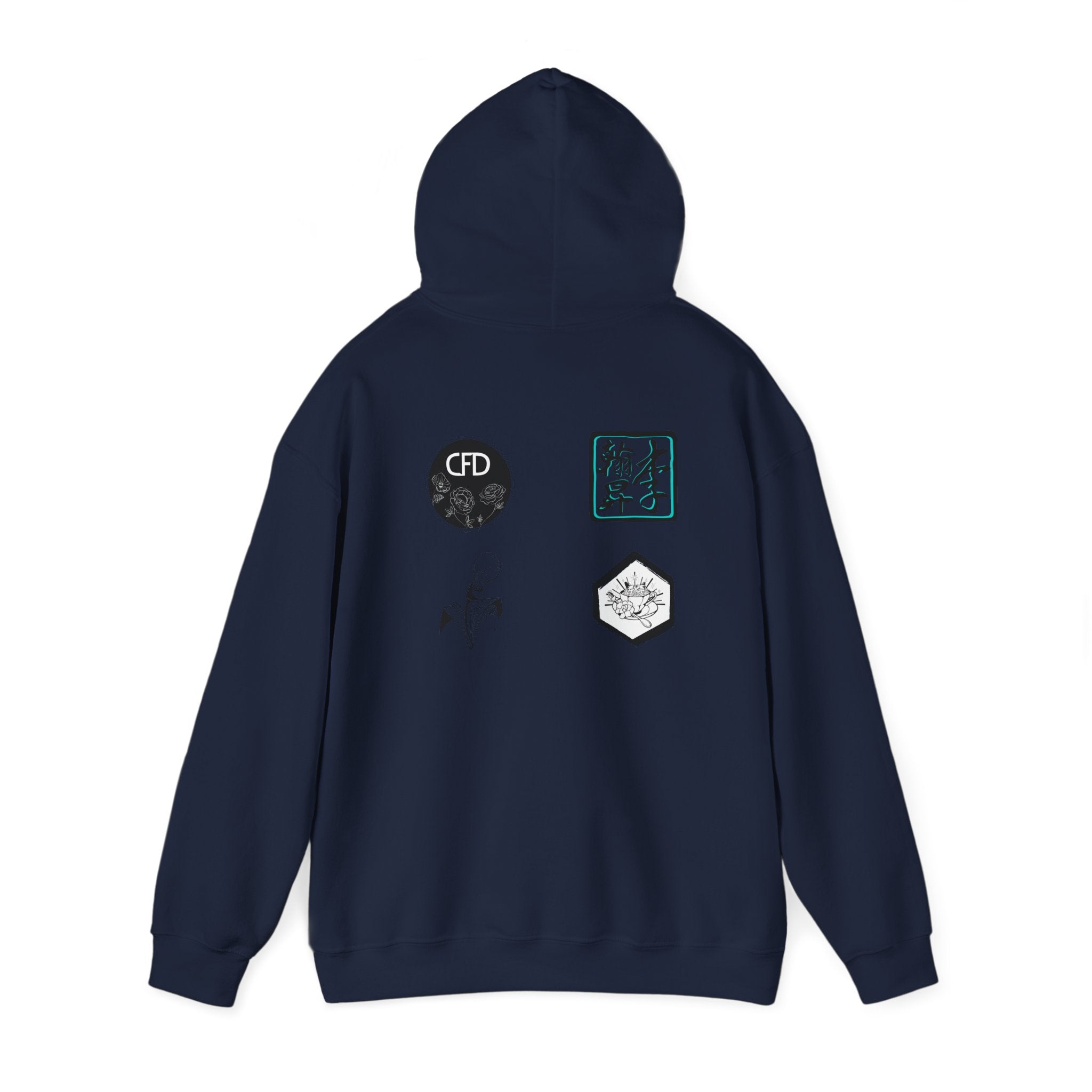 This is a Navy ACI hoodie showcasing the back of it. The hood is lifted up and the four studios' logos are between the shoulder blades. The logos are printed in mostly white and black. There is some bright blue for one of the logos. The sleeves and end of the hoodie have stitching by the wrist and waist areas. The rest of the hoodie is the color navy.
