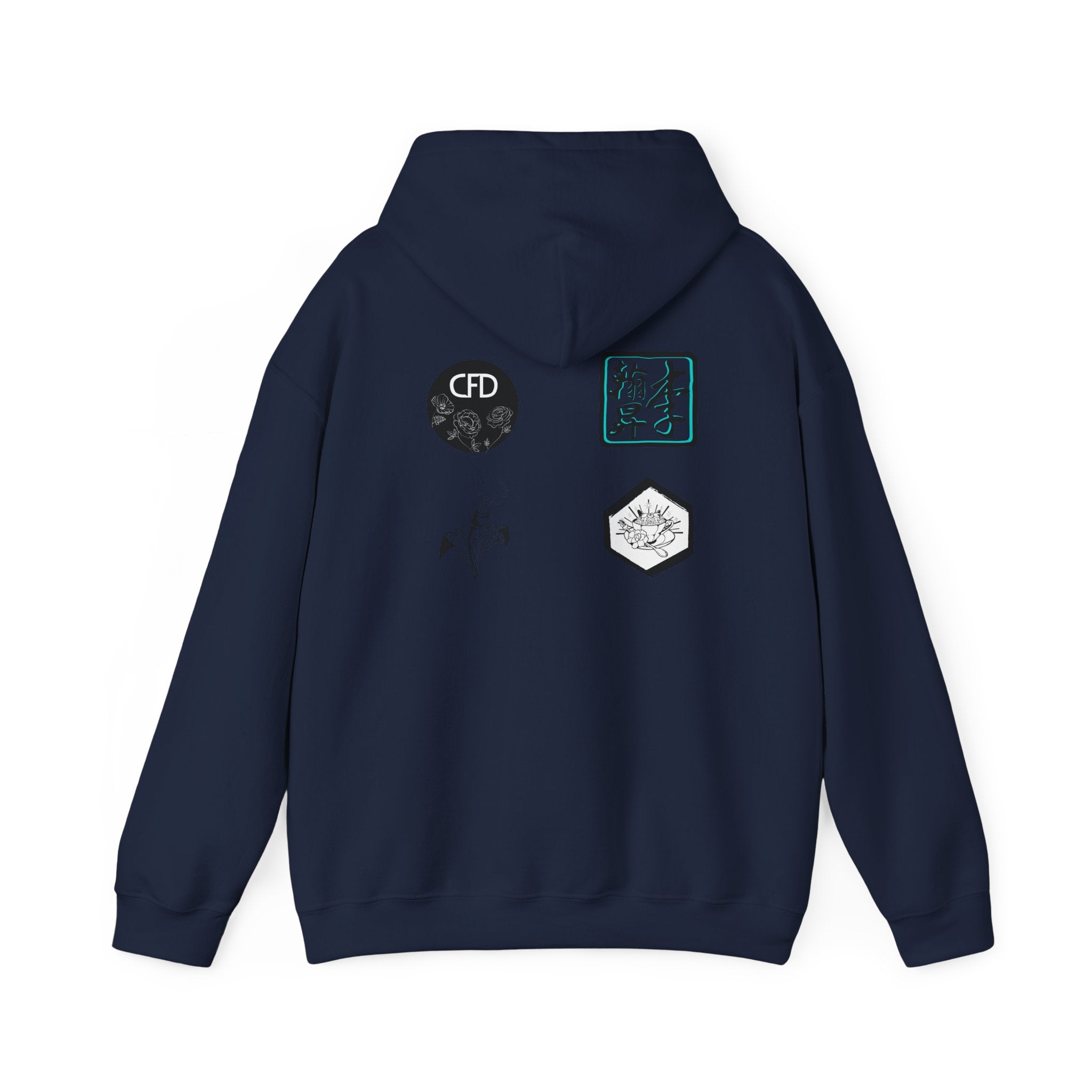 This is a Navy ACI hoodie showcasing the back of it. The hood is not lifted up and the four studios' logos is right below the hood. The logos are printed in mostly black and white. There is one logo that is outlined in a bright blue. The sleeves and end of the hoodie have stitching by the wrist and waist areas. The rest of the hoodie is the color navy.