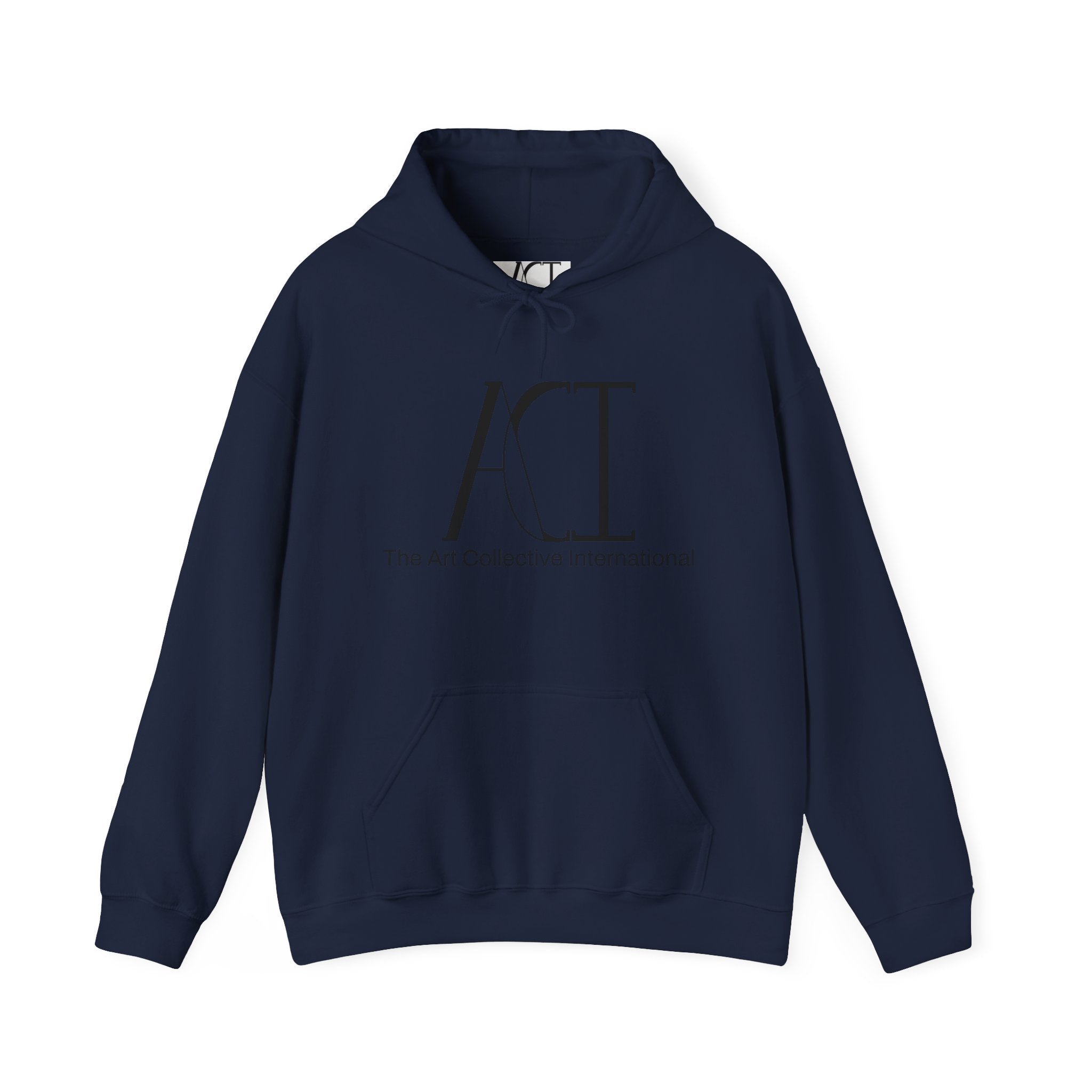This is the Navy ACI hoodie that showcases a large ACI logo printed in black near the top middle of the hoodie. Underneath the logo in back is, "The Art Collective International" in smaller print. It is a full picture of the front with the color-matched drawcord. The size label is white and printed on rather than a tag. The ACI logo is black on the size label. There is stitching by the wrists and waist areas. Also, a large pocket to place your arms in.