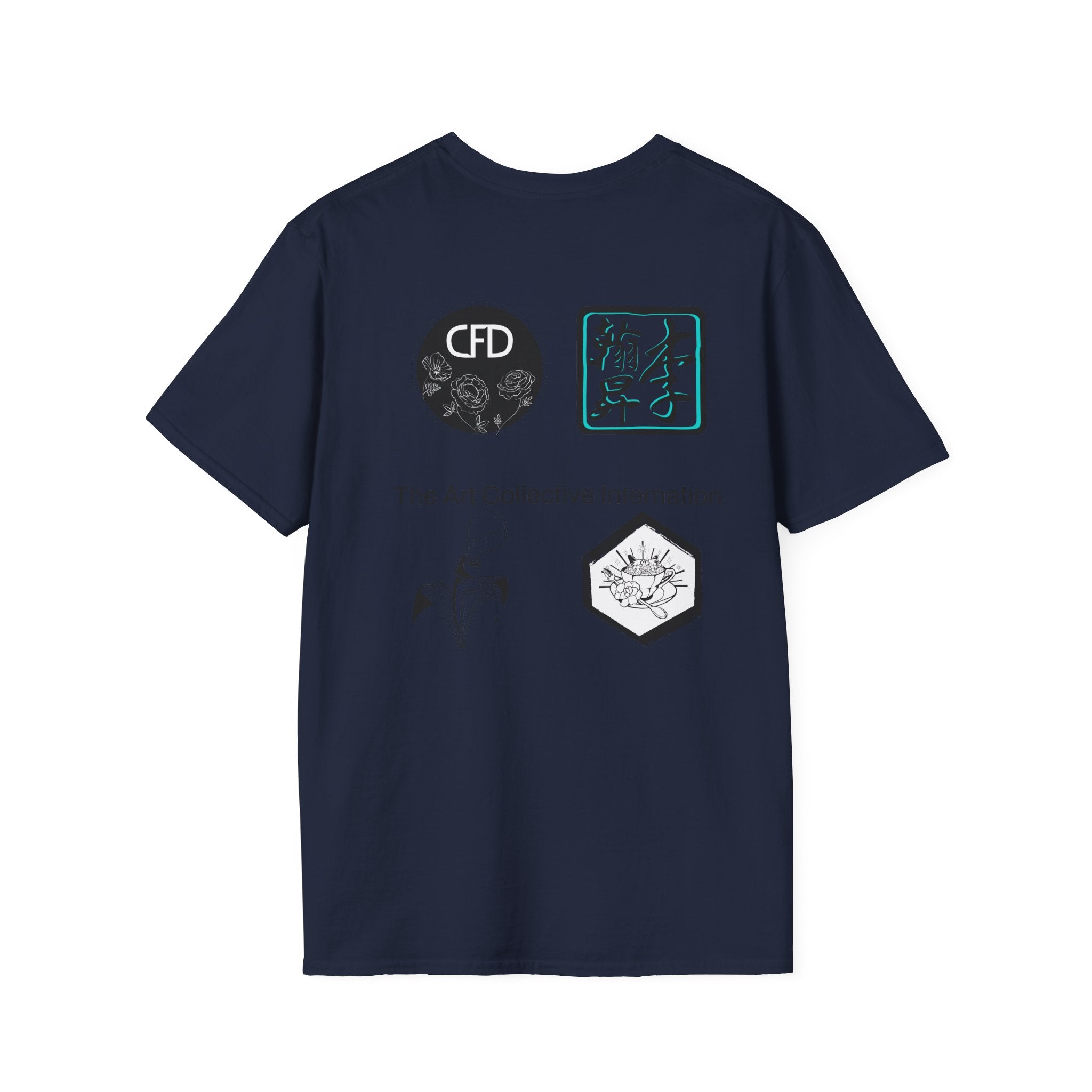 This is a Navy ACI T-Shirt showcasing the back of it. There are the four studios' logos. The logos are printed in mostly black and white. There is one logo that is outlined in a bright blue. There are two logos then print and then two other logos located on the upper part of the shirt. In between the logos, printed in black is "The Art Collective International". 