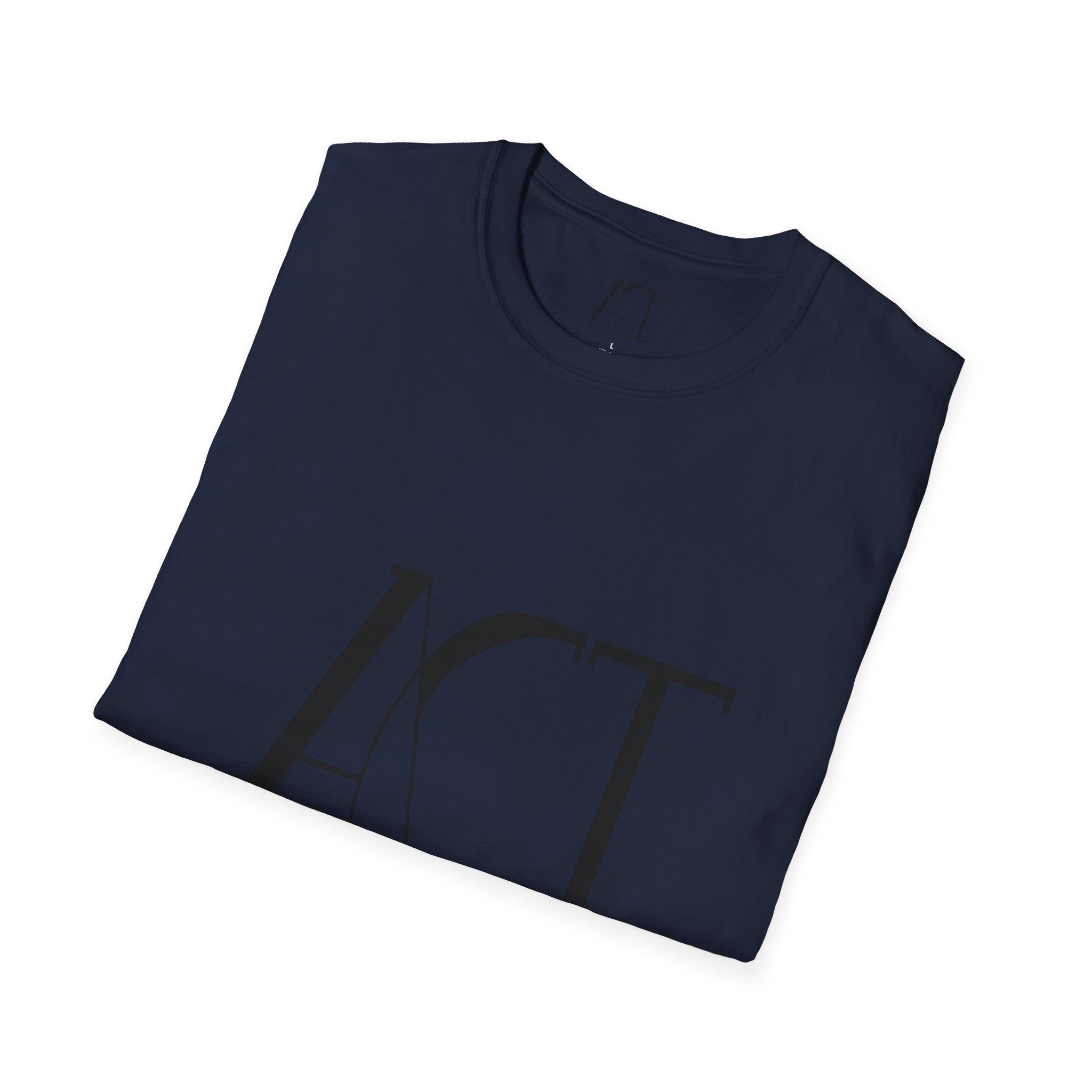 This is the Navy ACI T-Shirt that is folded and shows the front of the shirt. The size label and ACI logo printed on the inside of the shirt. The size label print is white whereas the logo is black. Also, the large printed ACI logo in black on the front of the shirt.