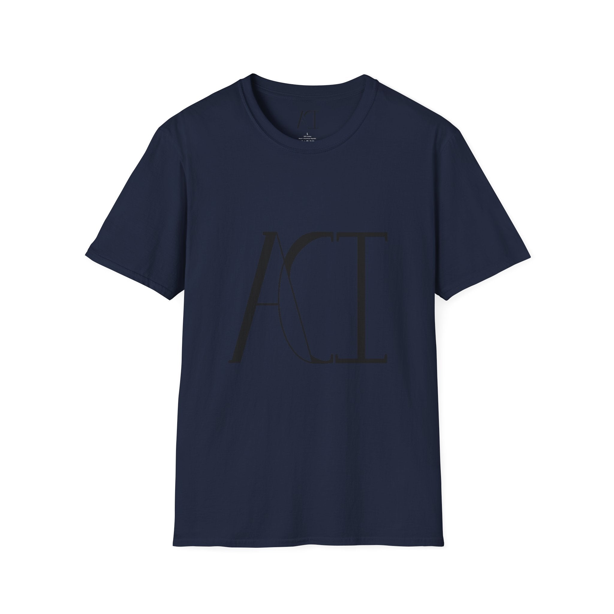 This is the Navy ACI T-Shirt that shows an image of the front. The size label and ACI logo printed on the inside of the shirt. The size label print is white whereas the logo is black. The middle of the shirt has a large printed ACI logo in black. The rest of the shirt is the same color that was specified.