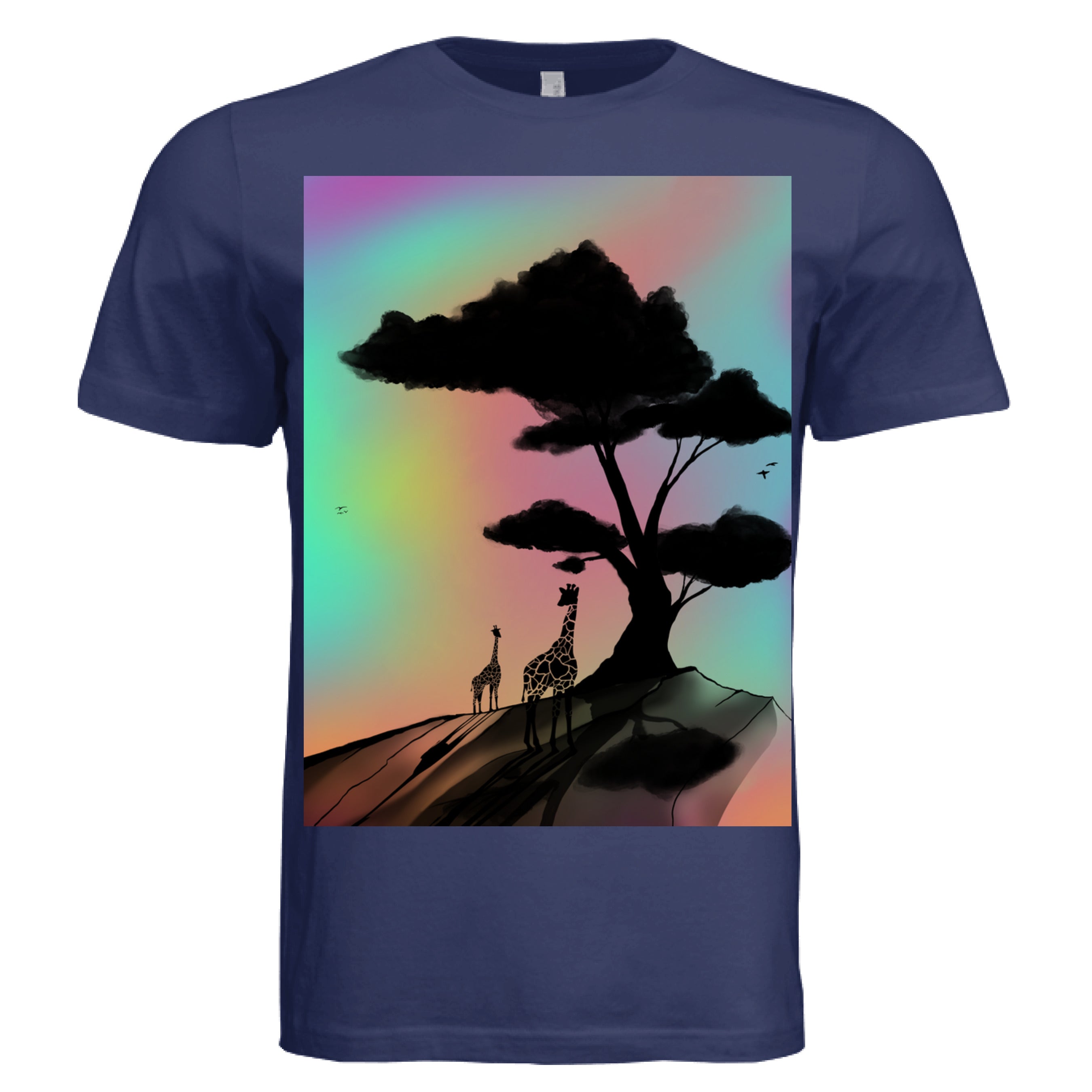 This is the Navy At A Glance T-Shirt by Lee Hansheng Studios. This is showcasing the front of the shirt. The illustration is a sillouhette of a large tree, two giraffes on a rocky hill. In the background are hues and gradients of green, yellow, purple, and red. The giraffes are looking towards to each other. It is against a white background.