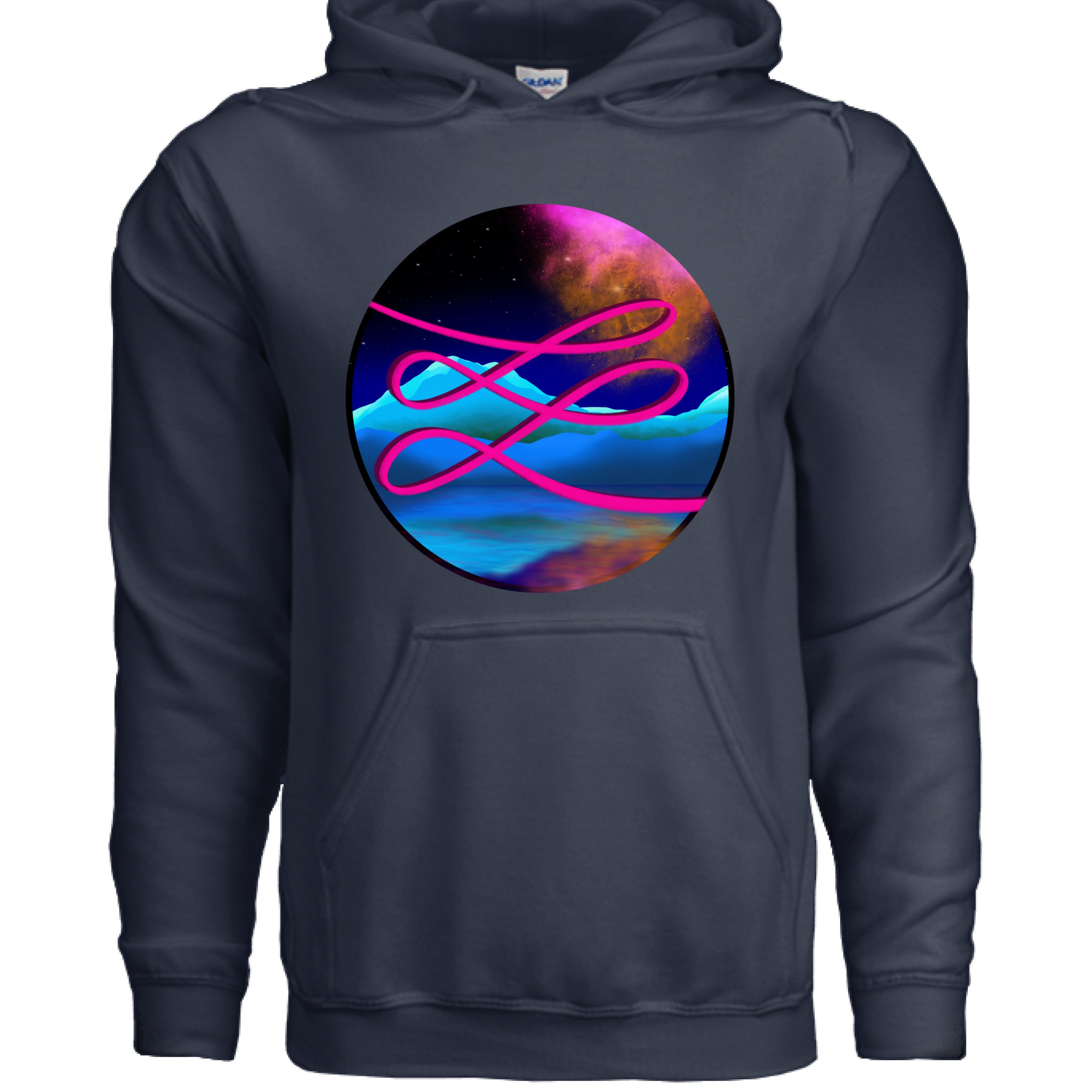 This is the Navy Calligraphers Swirl Hoodie by Lee Hansheng Studios. This is showcasing the front. The illustration is circular and has a neon pink handwritten lines across the whole art. The background is a cosmic drop with blue mountains, galaxy like sky with dark purple, pink and orange colors. There a huge pouch under the design and drawstrings on the hoodie. It is against a white background.