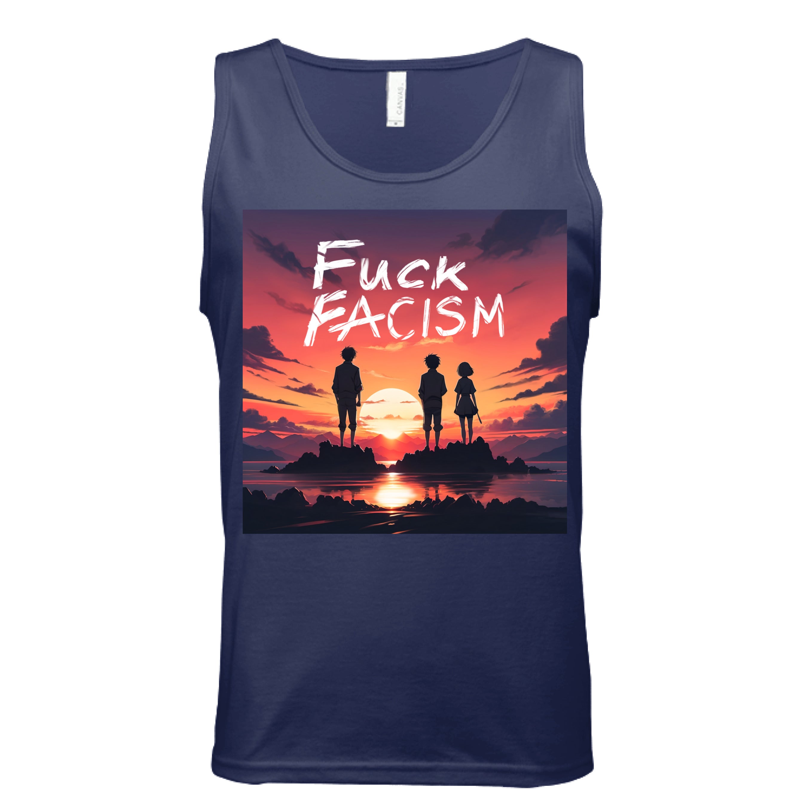 This is the Navy Fuck Fascism Tank by Lee Hansheng Studios. This is showcasing the front of the tank. The illustration has a blazing yellow/red sunset sky, three figures, two guys, one lady stand united, their silhouettes facing towards the sunset on rocky land floating in the middle of the water. The words in white, "FUCK FACISM" near the top. Clouds surrounding the right and left of the tank. The white size label can be seen from the back of the tank. It is against a white background. 