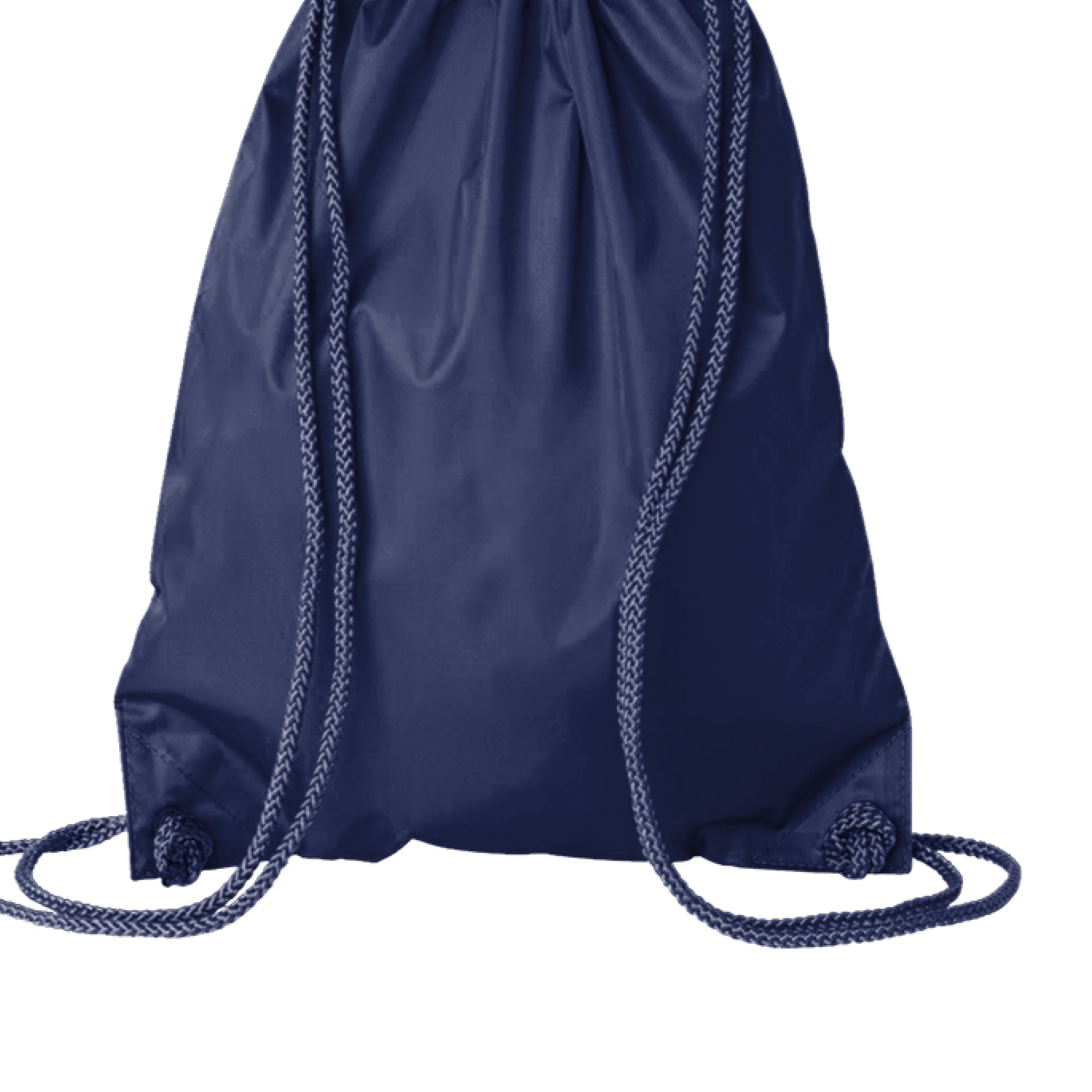 This is the Navy Hakuna Matata Drawstring Bag by Lee Hansheng Studios. This is showcasing the back. There are no images or illustrations. The two drawstrings are shown. It is against a white background.