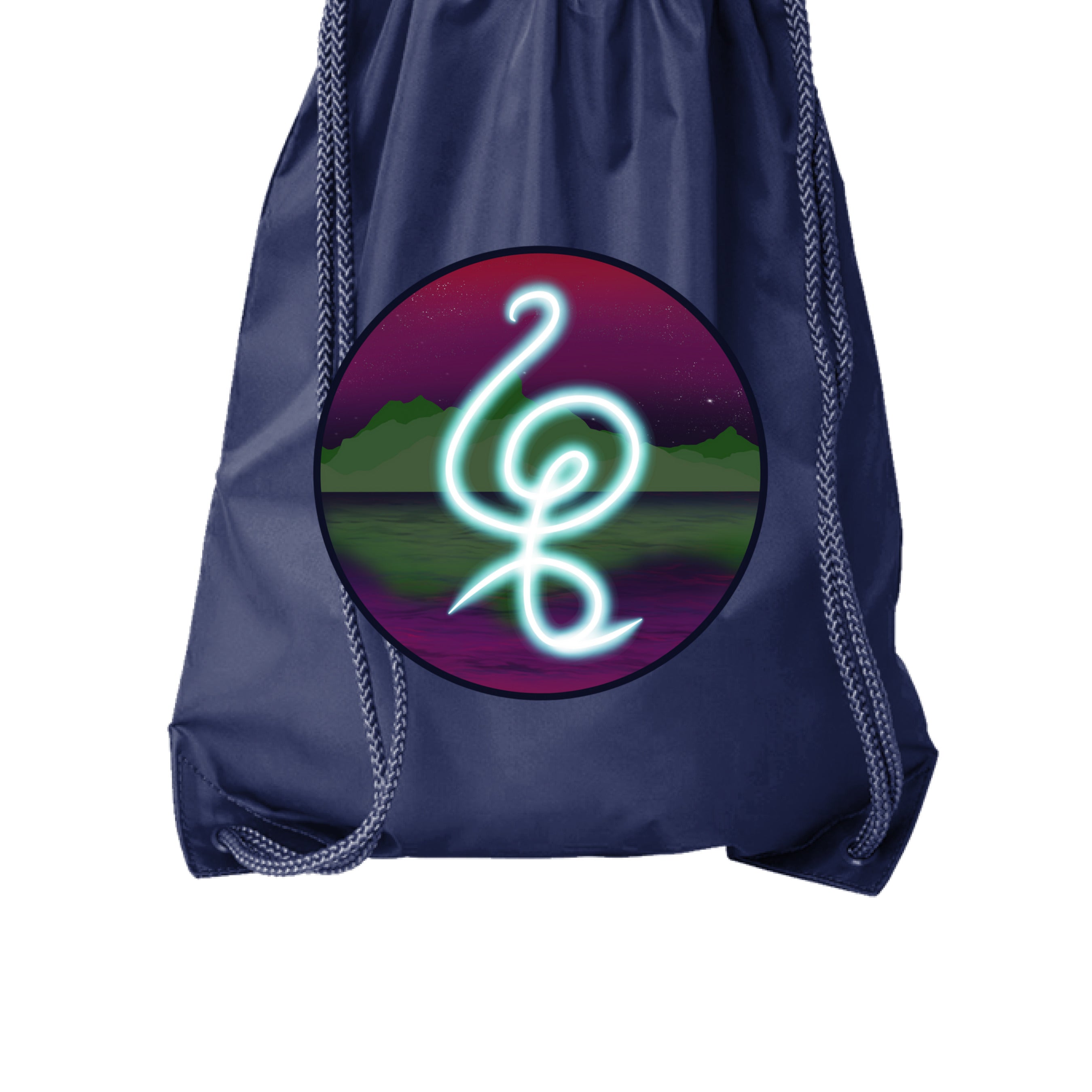 This is the Navy Hakuna Matata Drawstring Bag by Lee Hansheng Studios. This is showcasing the front. The illustration is circular and has a glowing, freeform symbol in luminous turquoise against a cosmic horizon of deep purples and greens with twinkling yellow stars. The drawstrings are shown too. It is against a white background.  