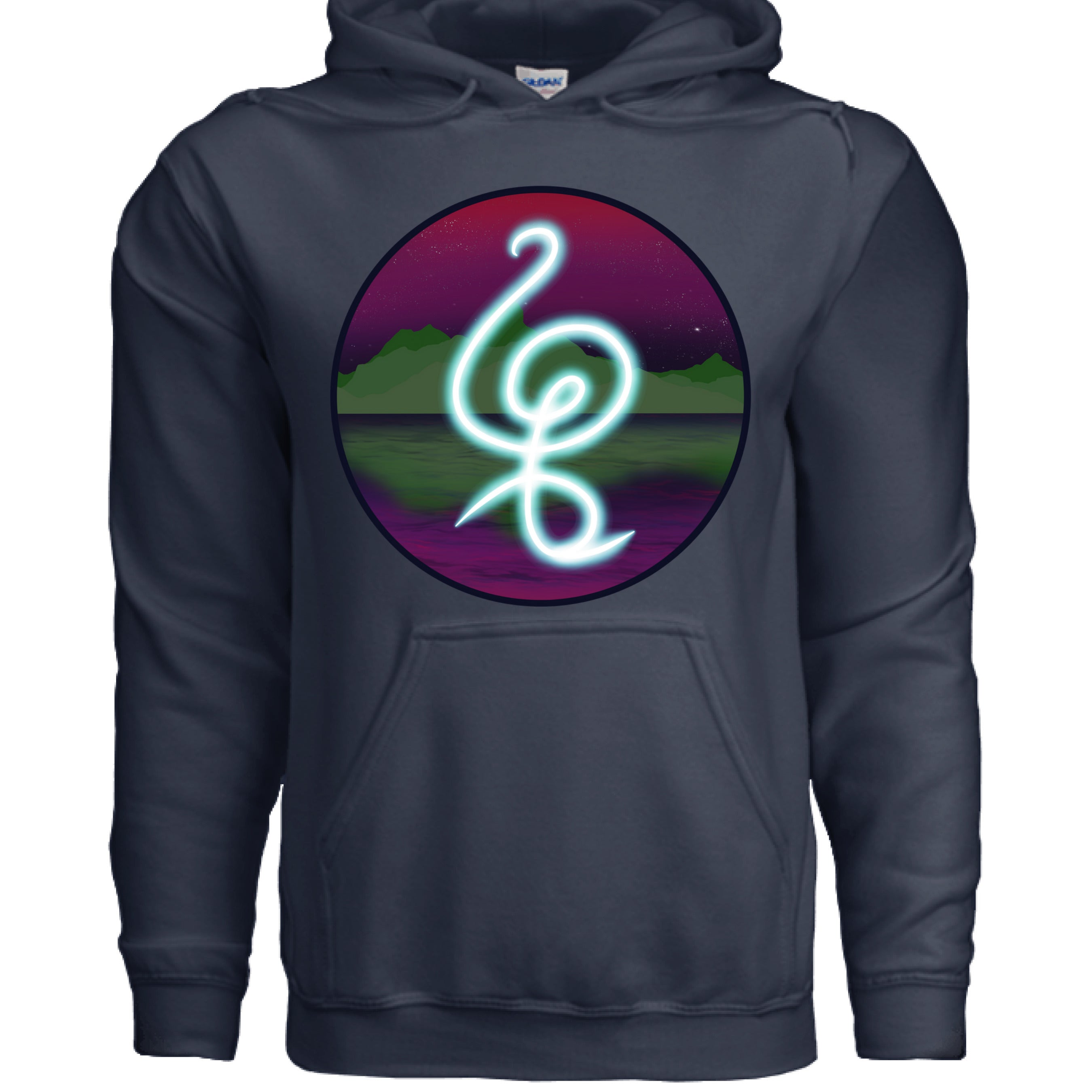 This is the Navy Hakuna Matata Hoodie by Lee Hansheng Studios. This is showcasing the front. The illustration is circular and has a glowing, freeform symbol in luminous turquoise against a cosmic horizon of deep purples and greens with twinkling yellow stars. There is a large pouch under the design and drawstrings on the hoodie. White size label can be seen from inside. It is against a white background.  