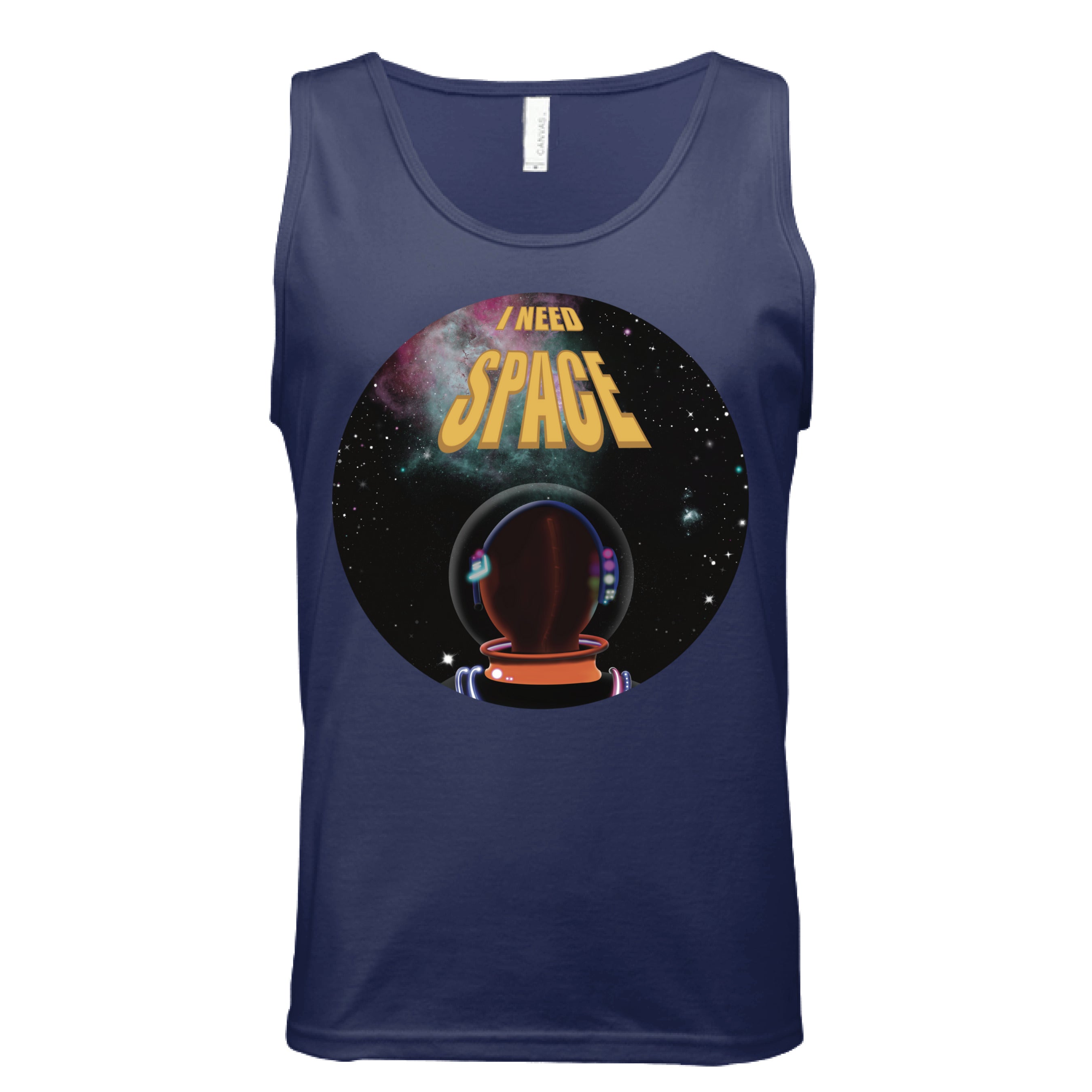 This is the Navy I Need Space Tank by Lee Hansheng Studios. This is showcasing the front. The design is a circle and of an astronaut facing the front. The astronaut is looking towards space black sky, twinkling green, yellow, pink stars and nebula that is pink/red and green closer to the left. The words in yellow, "I NEED SPACE" in the middle, space being larger font than I need. It is against a white background. 