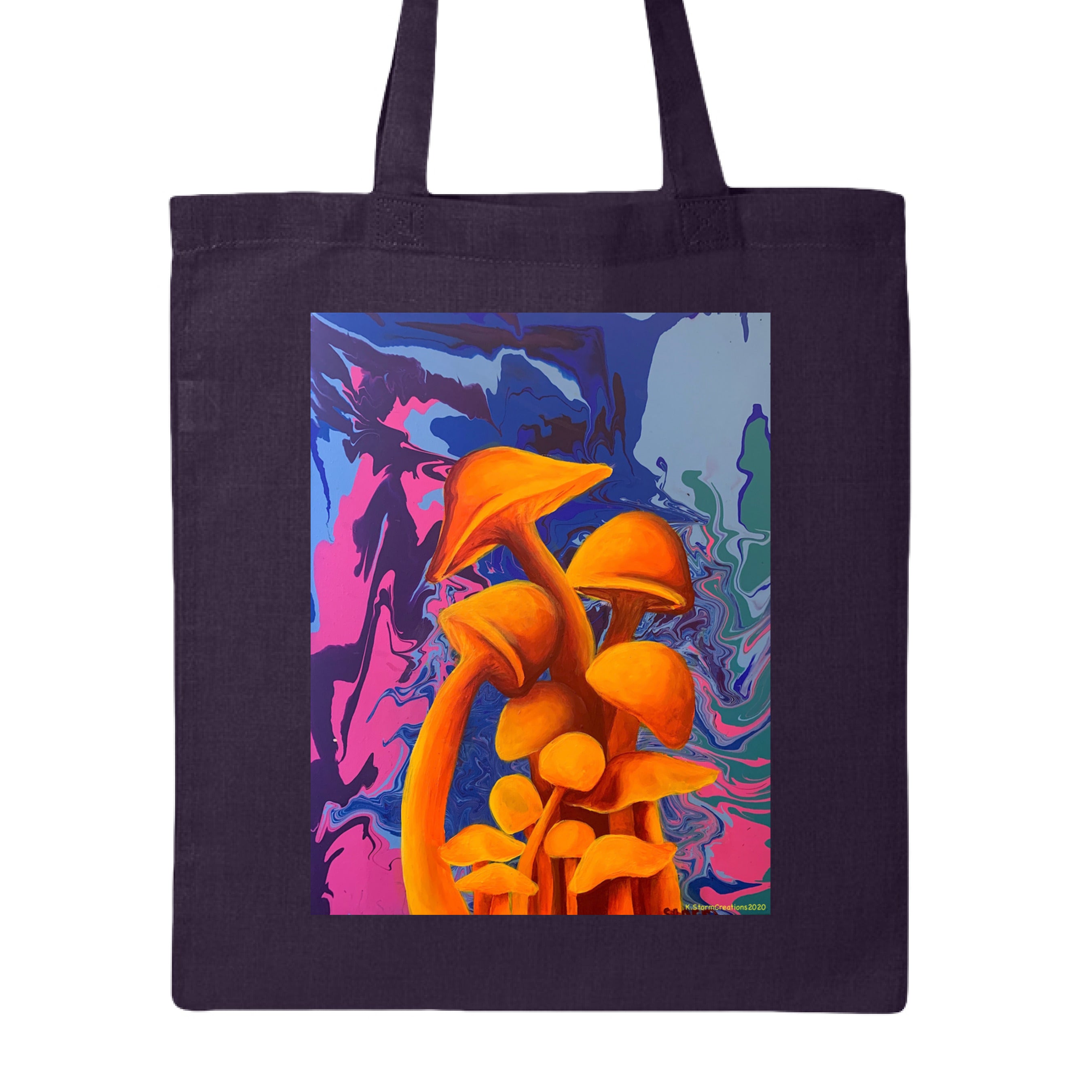 This is the Navy Mushroom Canvas Tote by Storm Garden Studio. This is showcasing the front of the tote. The illustration is of 11 blazing orange fungis with a swirling background that includes blue, green, dark blue, purple and pink colors. The mushrooms are different shapes and sizes starting form the middle and reaching towards the top. It is against a white background.