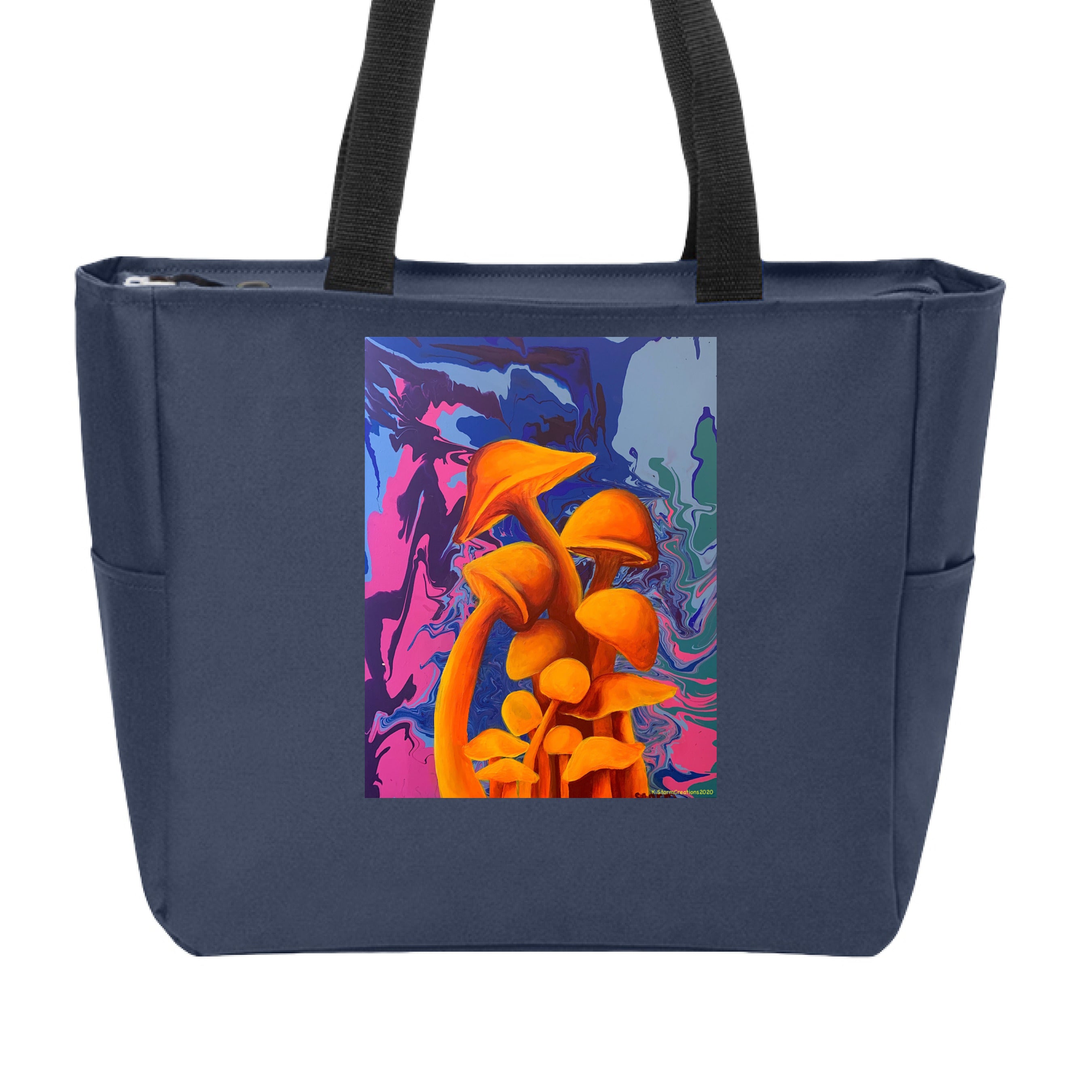 This is the Navy Mushroom Zip Tote by Storm Garden Studio. This is showcasing the front of the tote.  The handles are black. The illustration is of 11 blazing orange fungis with a swirling background that includes blue, green, dark blue, purple and pink colors. The mushrooms are different shapes and sizes starting form the middle and reaching towards the top. It is against a white background.