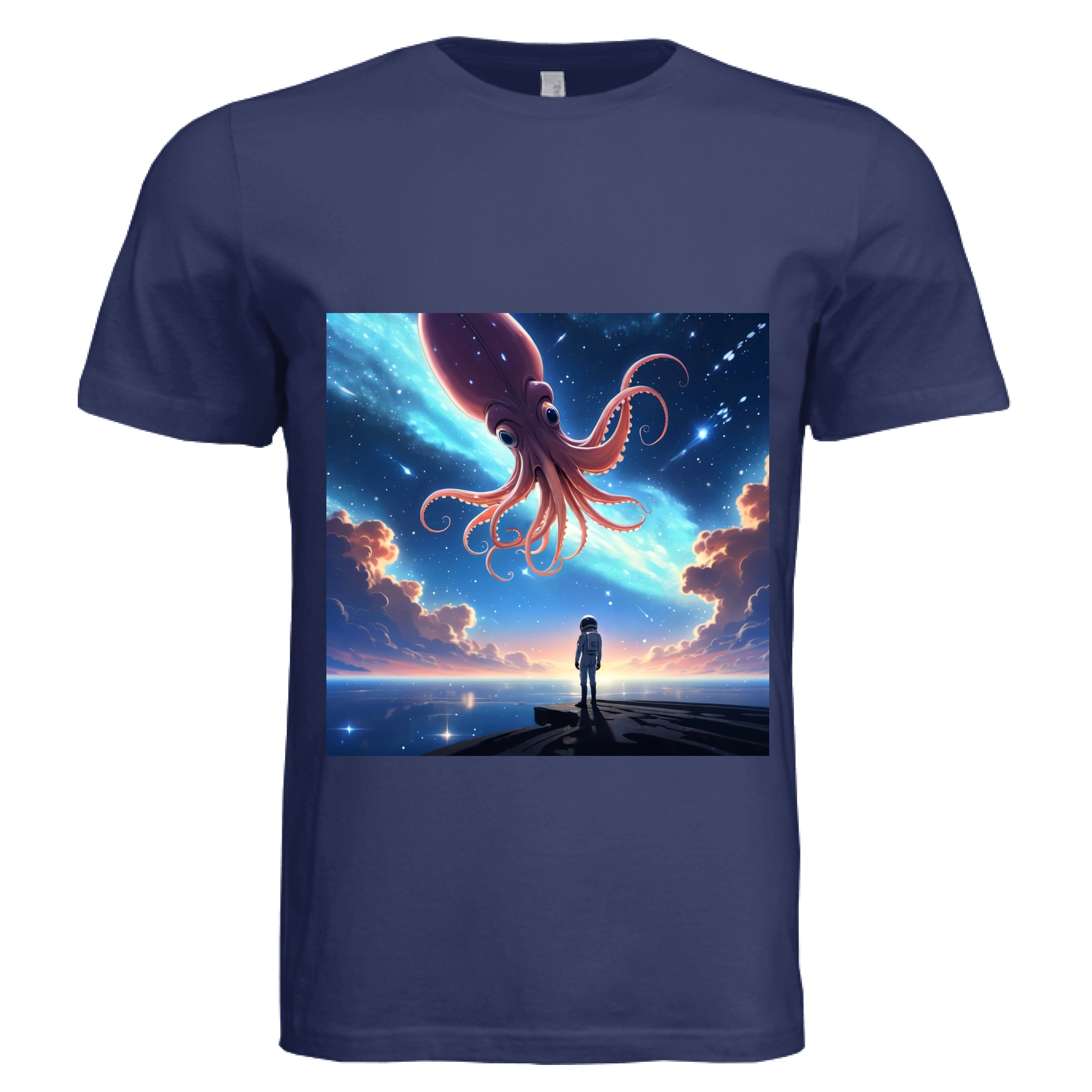 This is the Navy Star Maker T-Shirt by Lee Hansheng Studios. This is showcasing the front. The illustration features a lone astronaut in white, standing on a dark surface gazing at a pink octo-squid alien, drifting through a sky. The sky is alive with stars, nebulae, and clouds. The clouds are drifting up at the right and left with pink/blue hues. The sky is a light blue and the drifting stars behind the animal is a light blue. It is against a white background. 